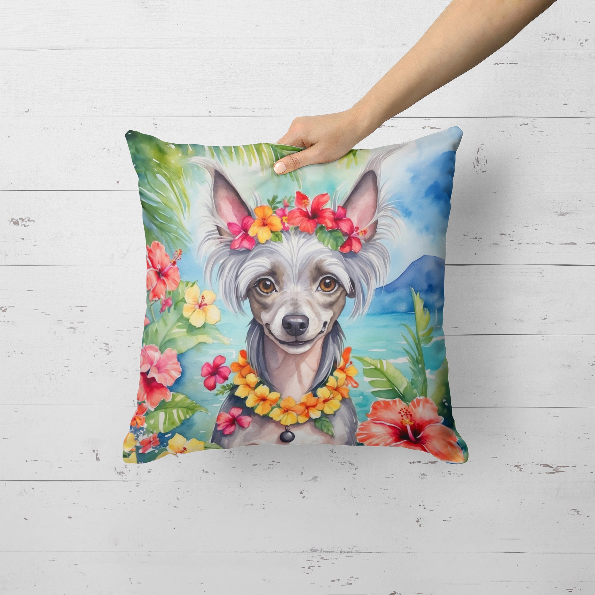 Chinese Crested Luau Throw Pillow