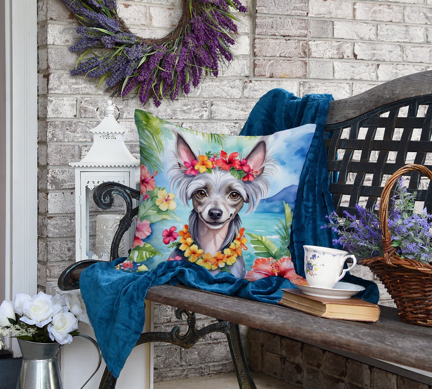 Chinese Crested Luau Throw Pillow