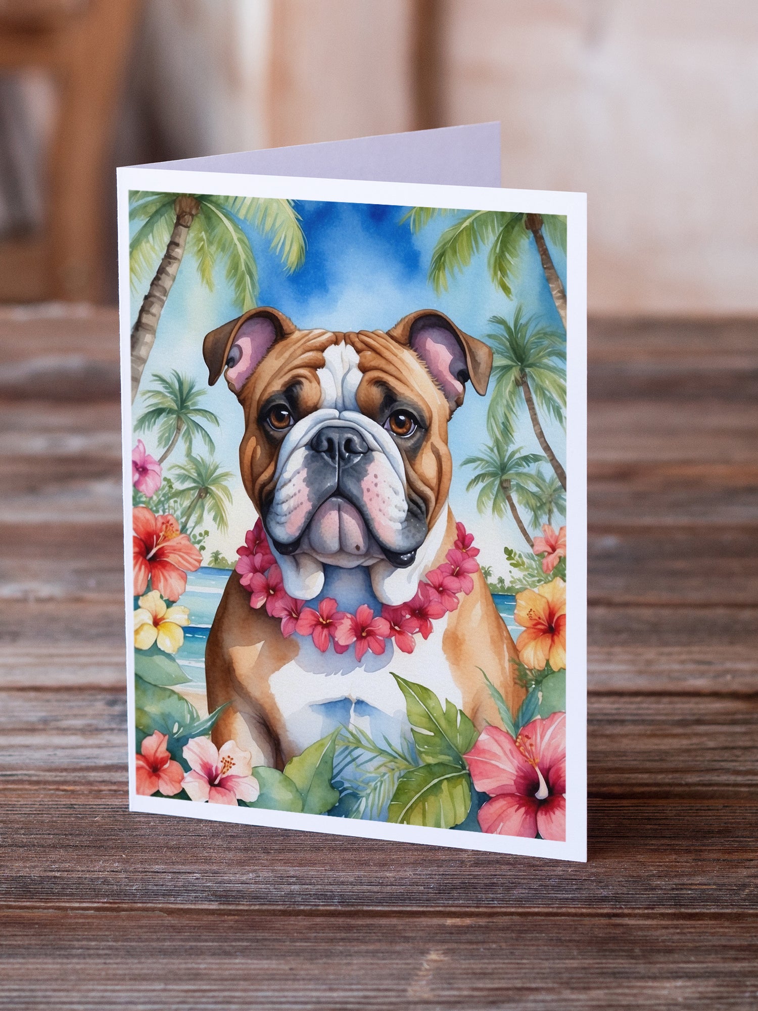 English Bulldog Luau Greeting Cards Pack of 8