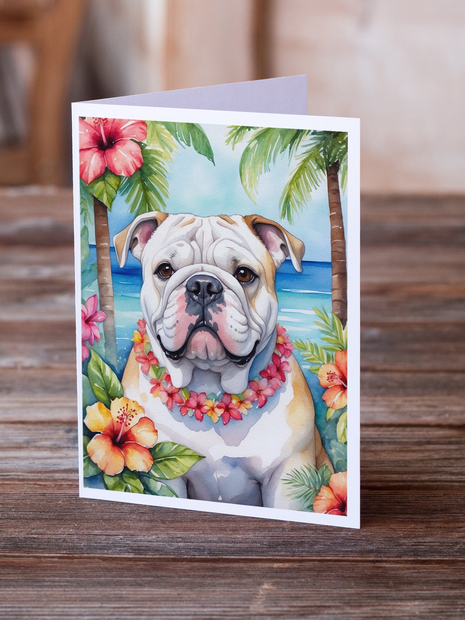 English Bulldog Luau Greeting Cards Pack of 8