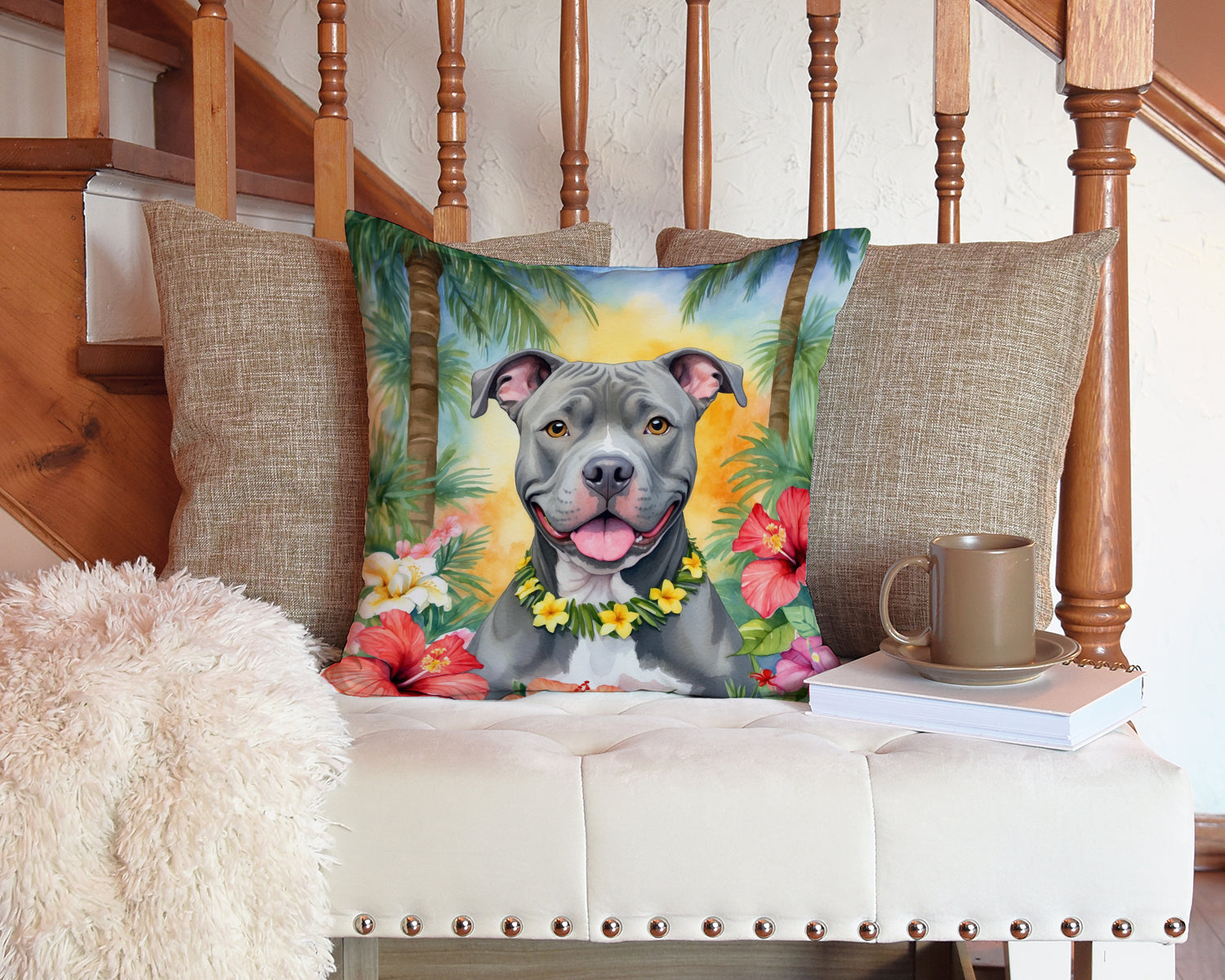 Pit Bull Terrier Luau Throw Pillow