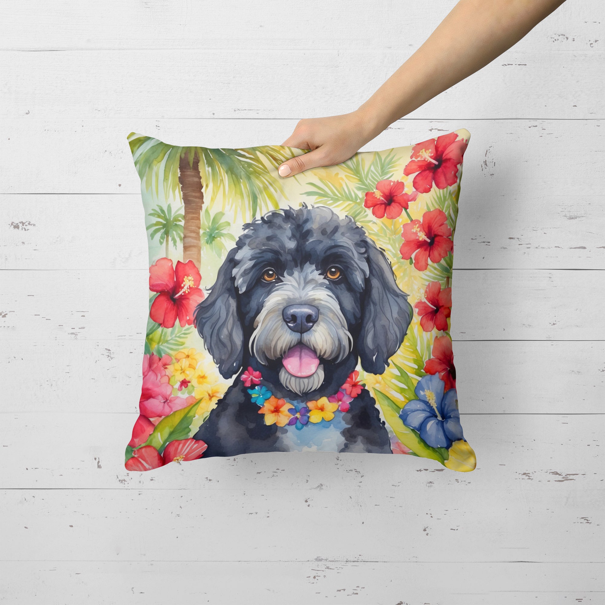 Buy this Portuguese Water Dog Luau Throw Pillow