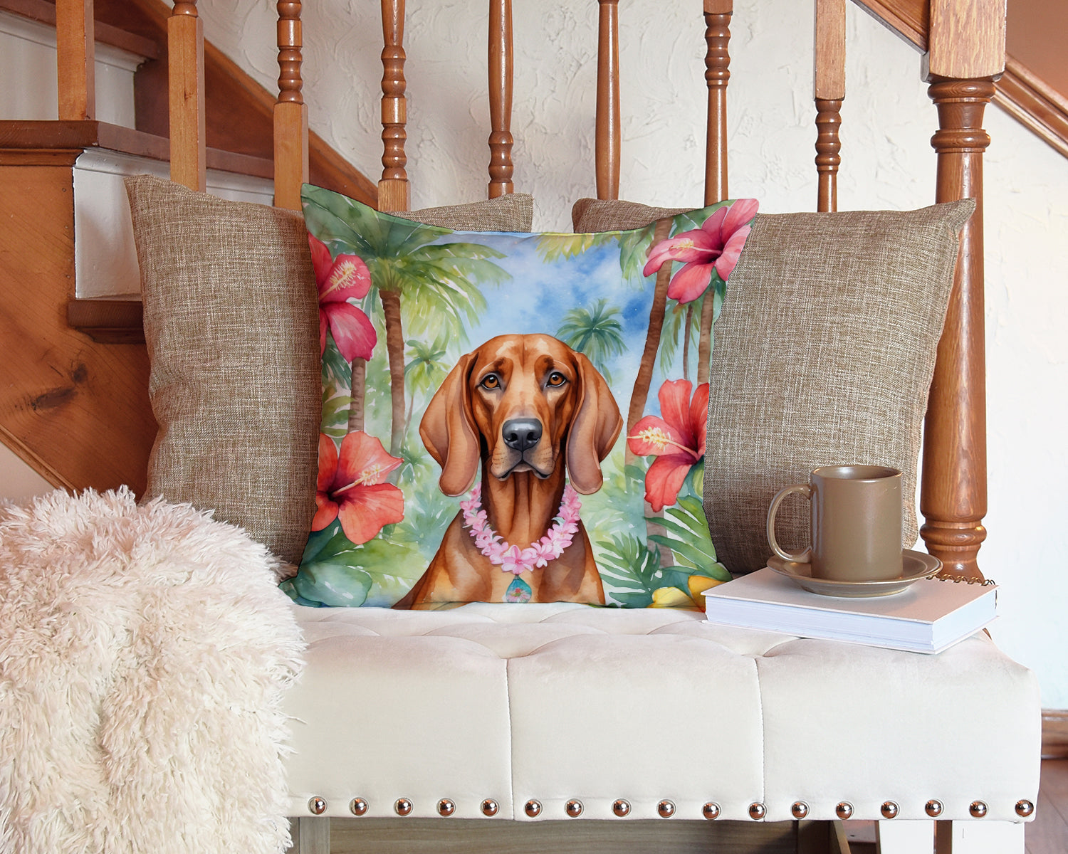 Redbone Coonhound Luau Throw Pillow