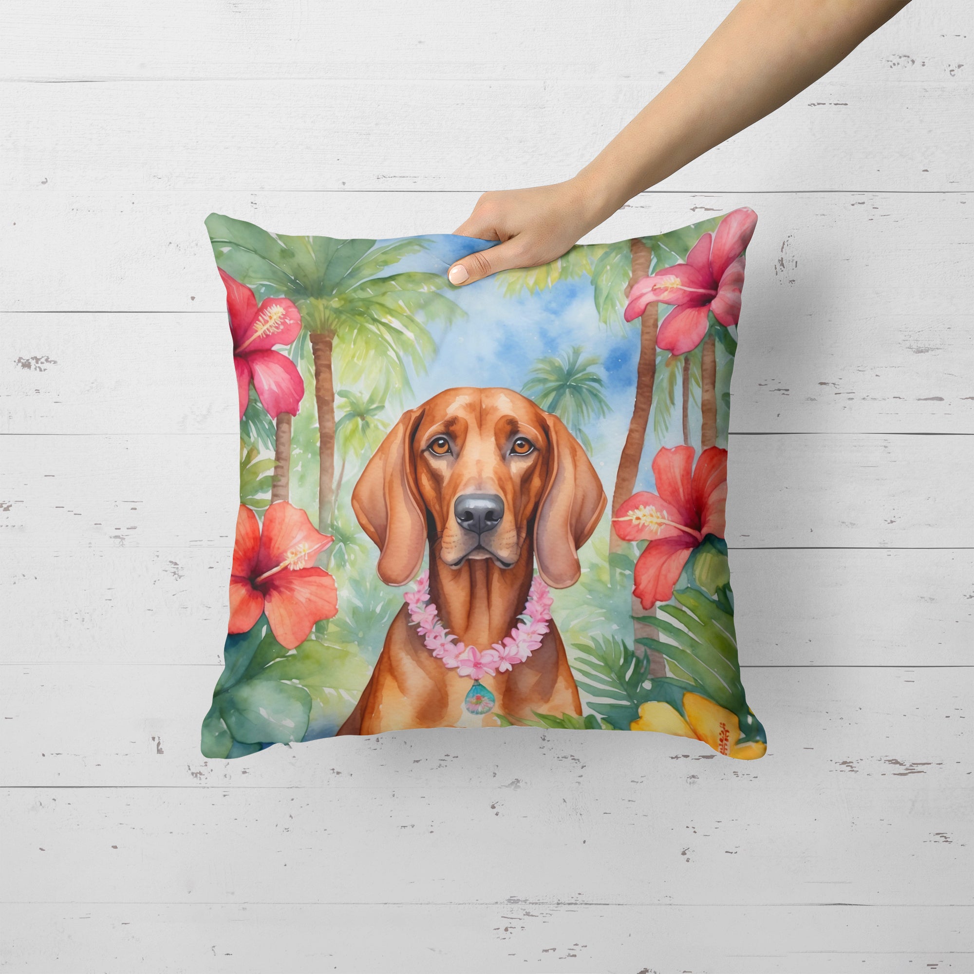 Redbone Coonhound Luau Throw Pillow