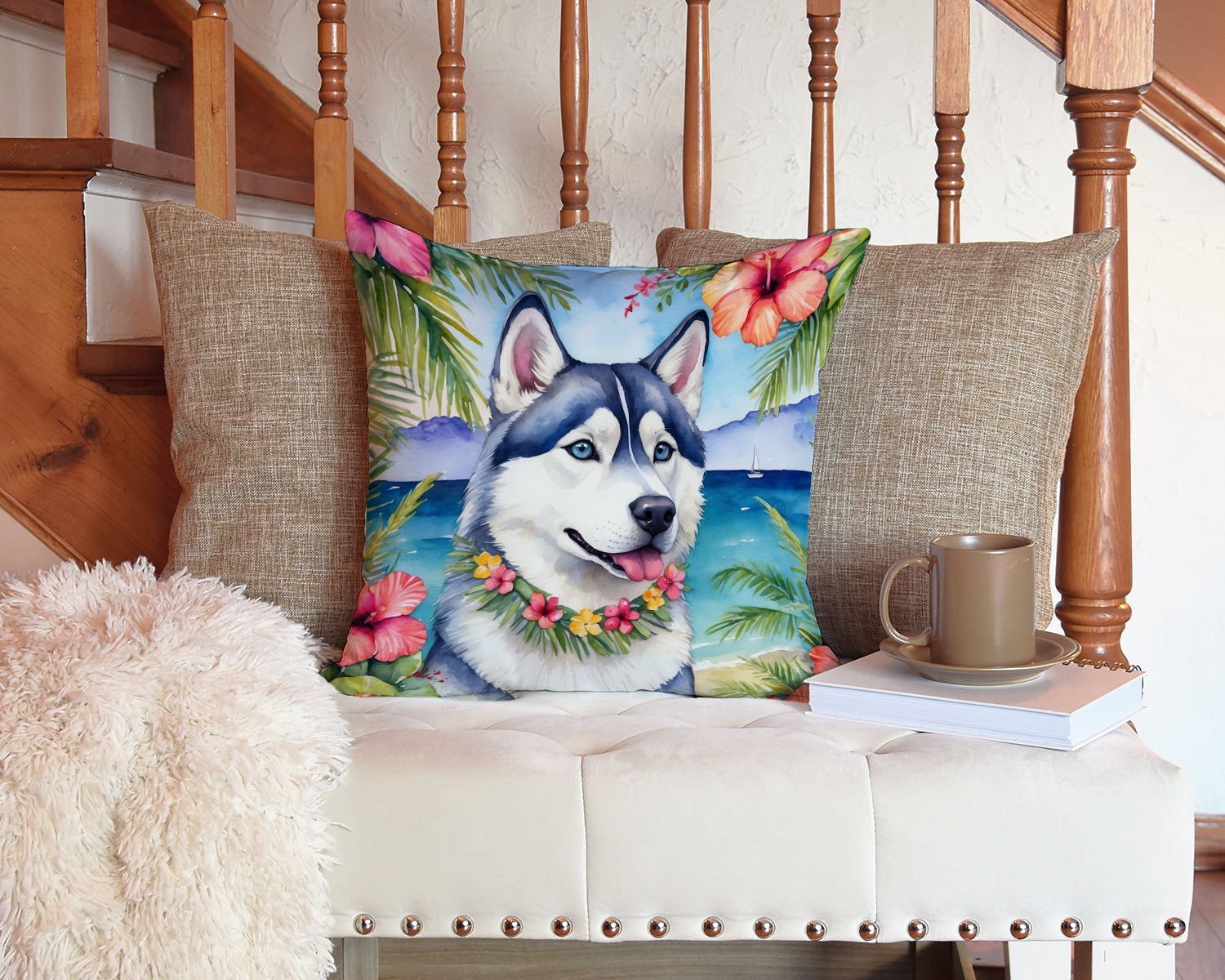 Siberian Husky Luau Throw Pillow