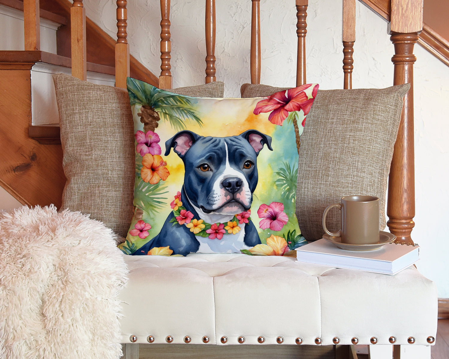 Staffordshire Bull Terrier Luau Throw Pillow
