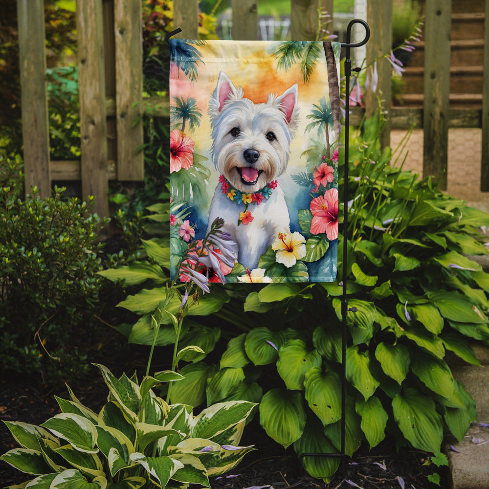 Caroline's Treasures Westie Luau Garden Flag – Tropical Dog Decor with Hibiscus & Palm Leaves