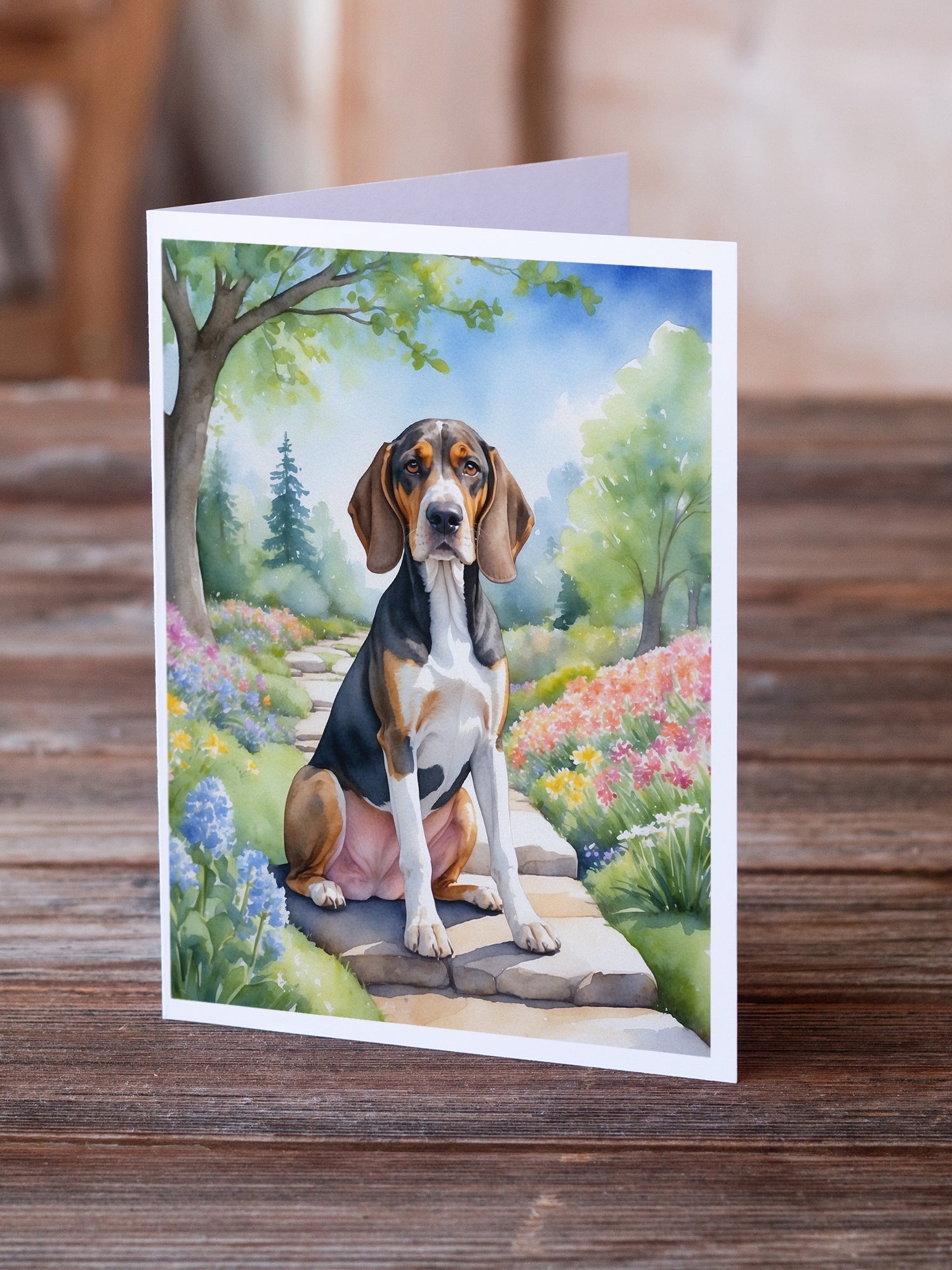 American English Coonhound Spring Garden Greeting Cards Pack of 8