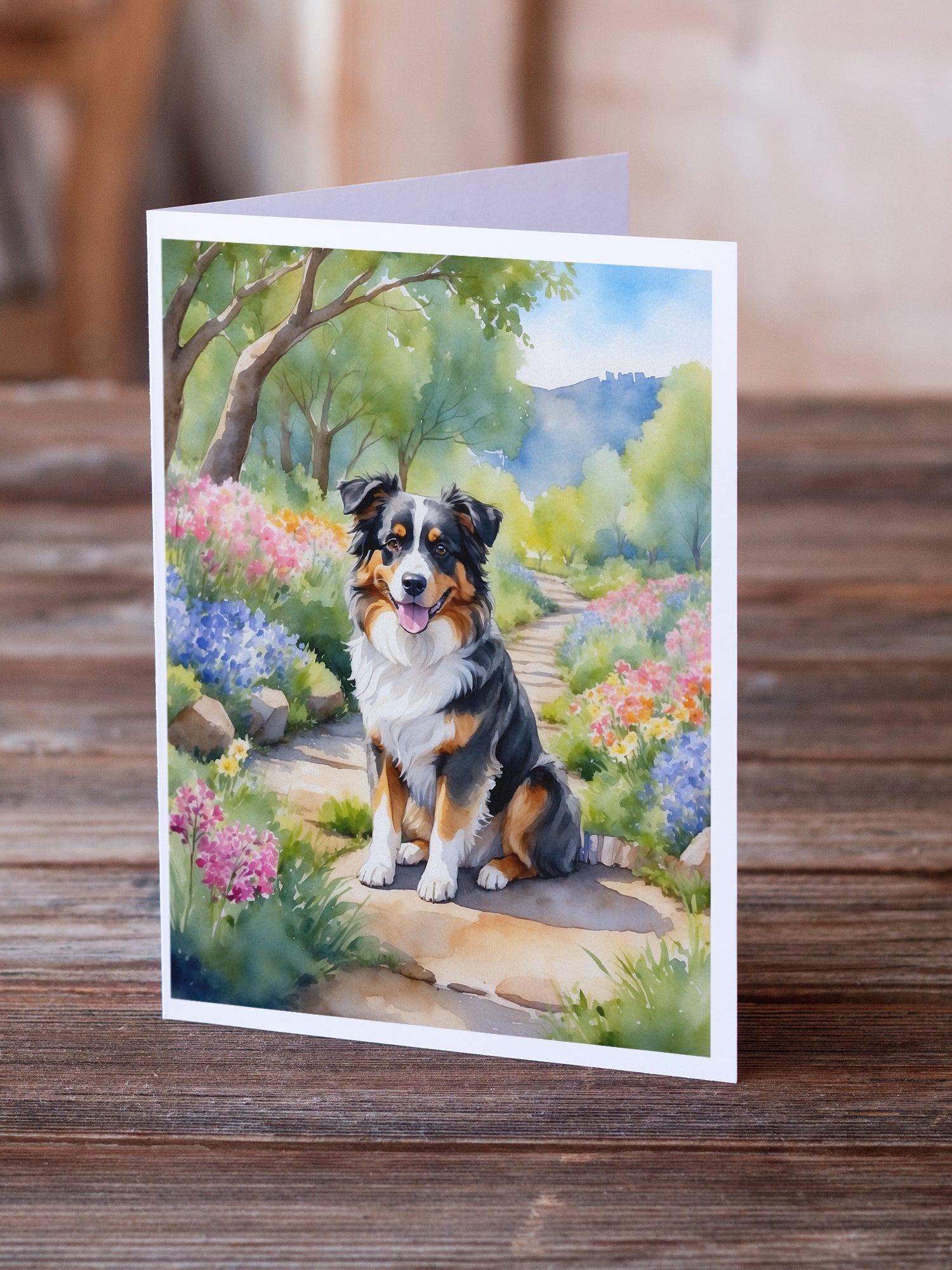 Australian Shepherd Spring Garden Greeting Cards Pack of 8