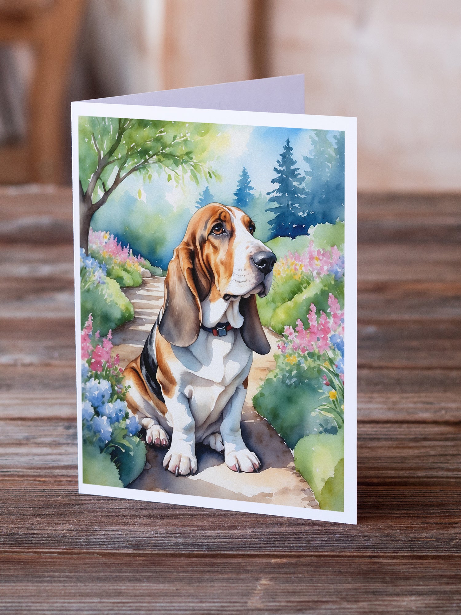 Basset Hound Spring Garden Greeting Cards Pack of 8