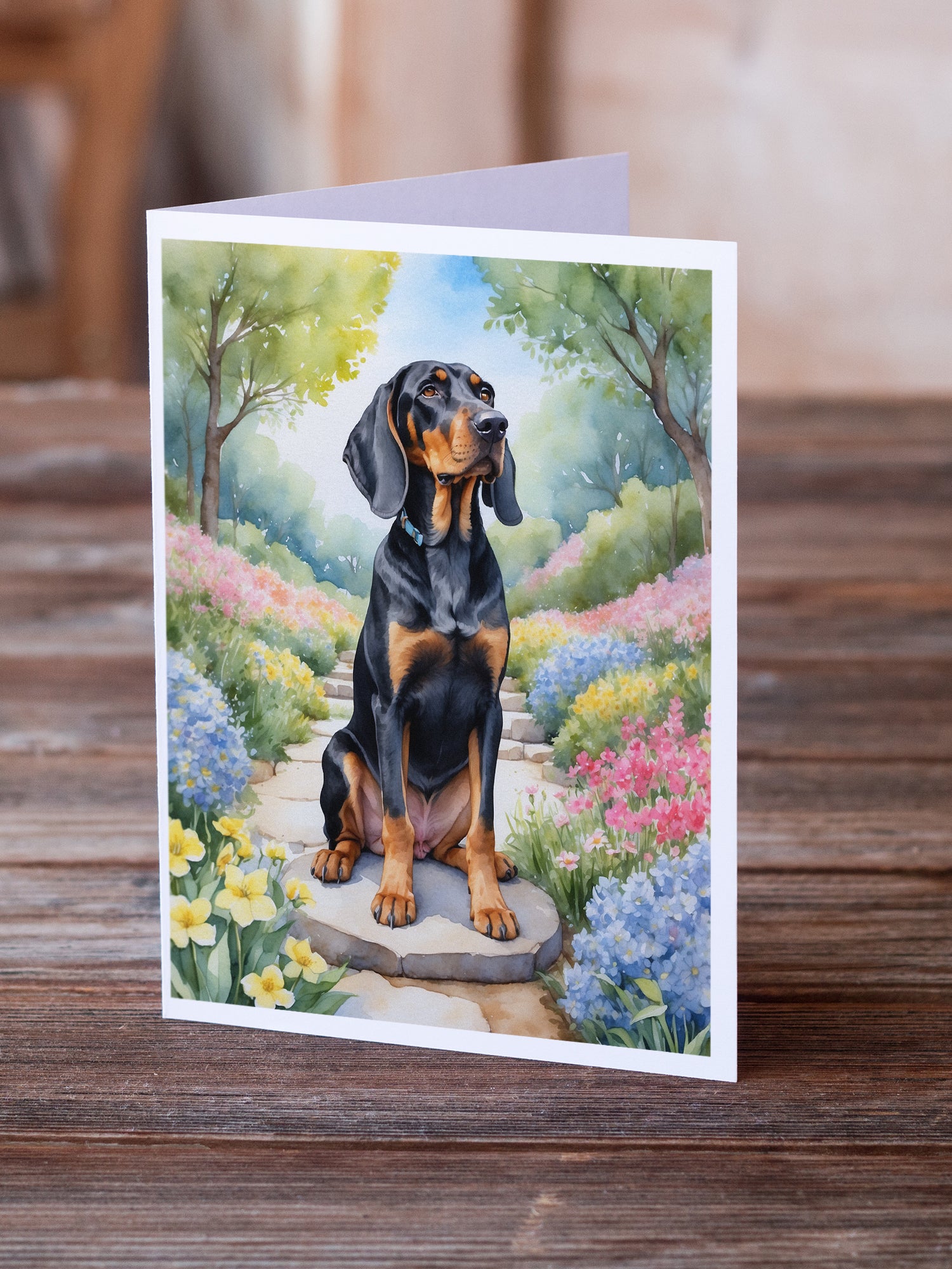 Black and Tan Coonhound Spring Path Greeting Cards Pack of 8