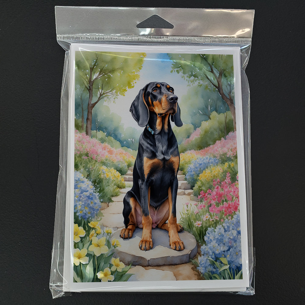 Black and Tan Coonhound Spring Path Greeting Cards Pack of 8