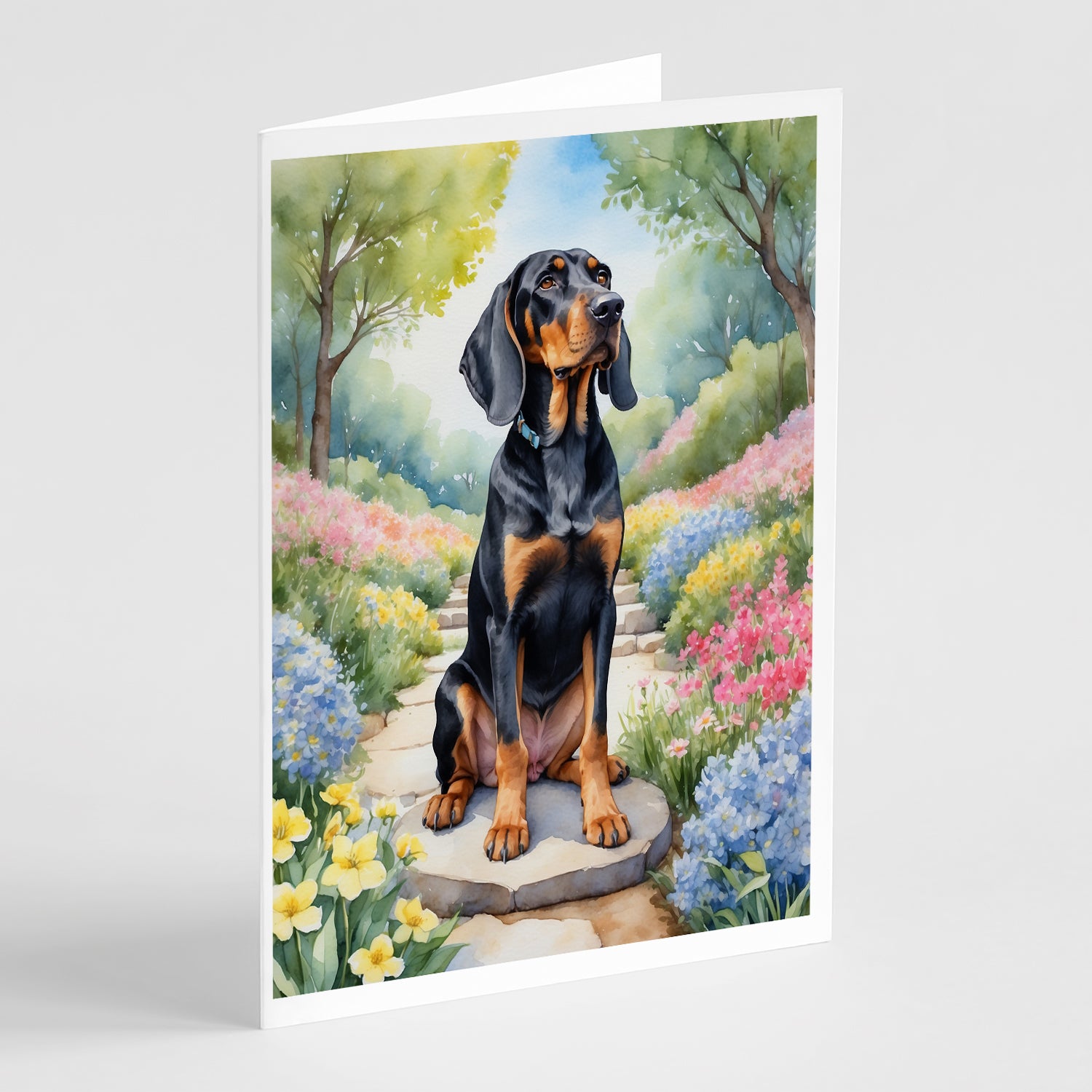 Buy this Black and Tan Coonhound Spring Path Greeting Cards Pack of 8