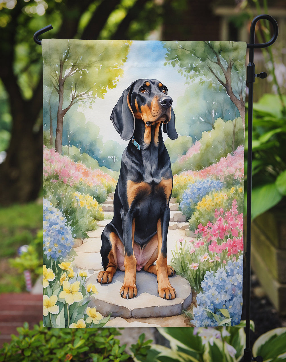 Black and Tan Coonhound Spring Path Garden Flag