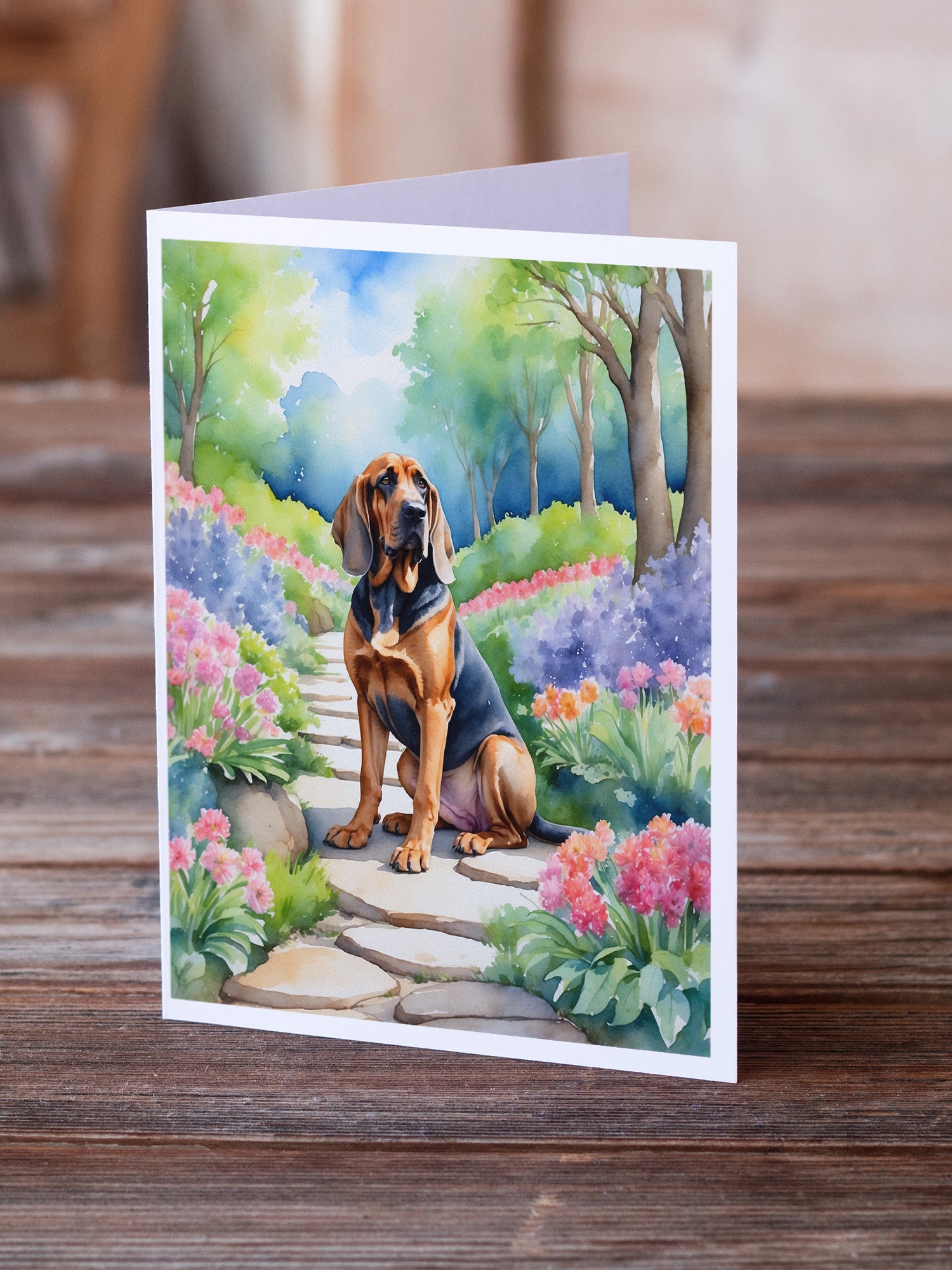 Bloodhound Spring Path Greeting Cards Pack of 8