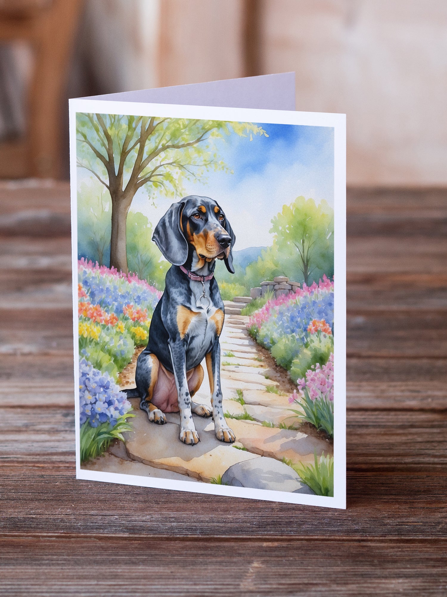 Caroline's Treasures Bluetick Coonhound Spring Path Greeting Cards - Blank Note Cards – 8-Pack of Artist-Designed Cards with Envelopes