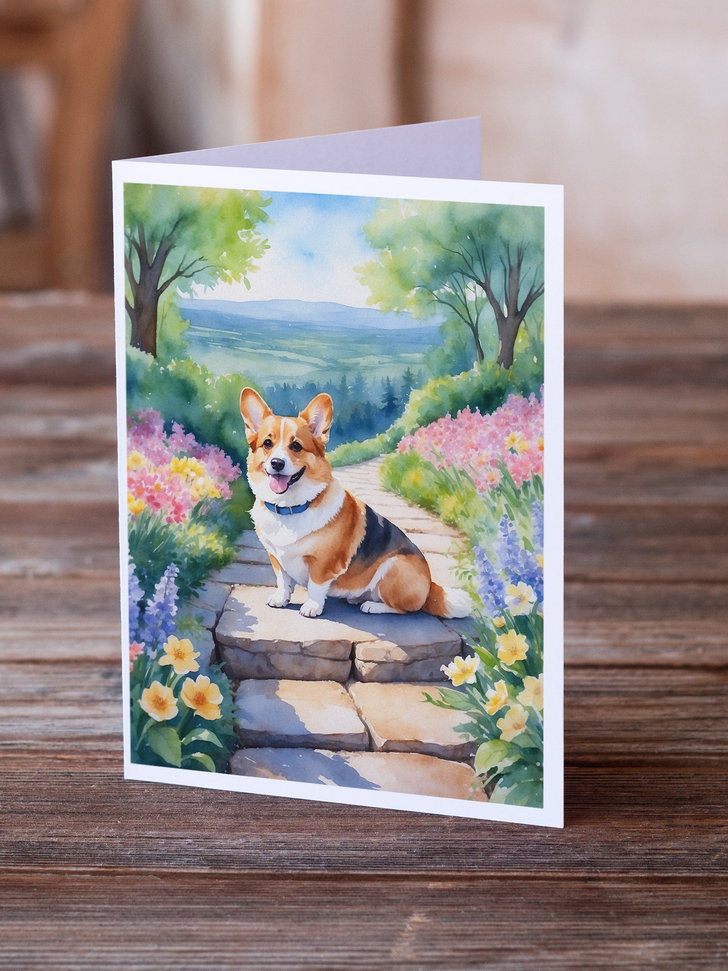 Corgi Spring Path Greeting Cards Pack of 8