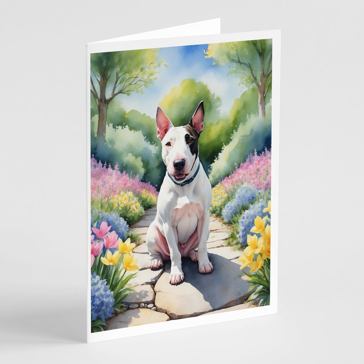 Buy this English Bull Terrier Spring Path Greeting Cards Pack of 8