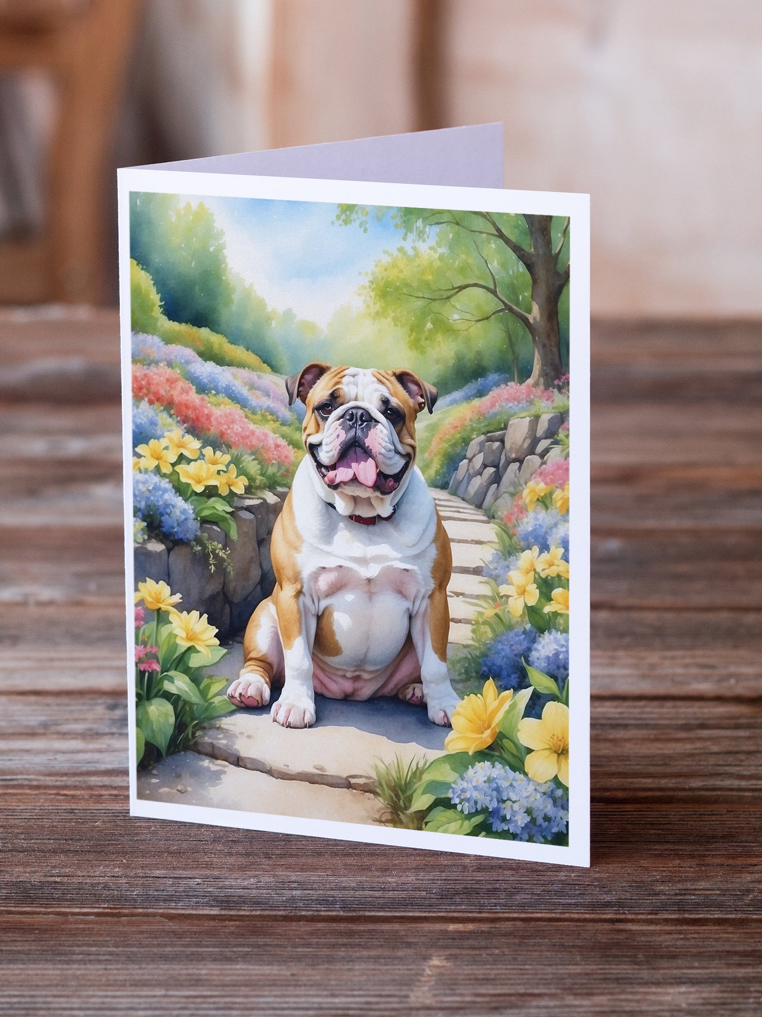English Bulldog Spring Path Greeting Cards Pack of 8