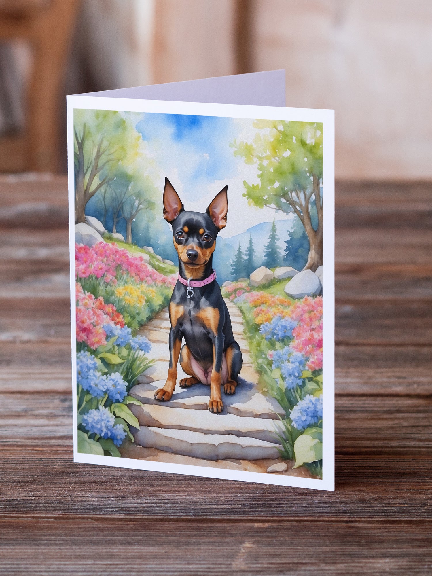 Miniature Pinscher Spring Path Greeting Cards Pack of 8