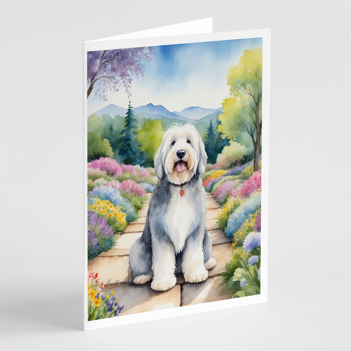 Buy this Old English Sheepdog Spring Path Greeting Cards Pack of 8