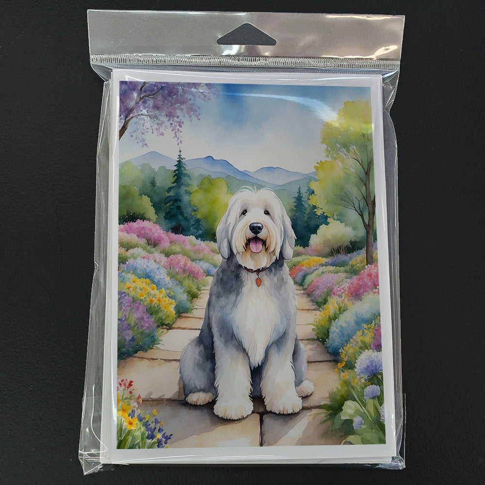 Old English Sheepdog Spring Path Greeting Cards Pack of 8