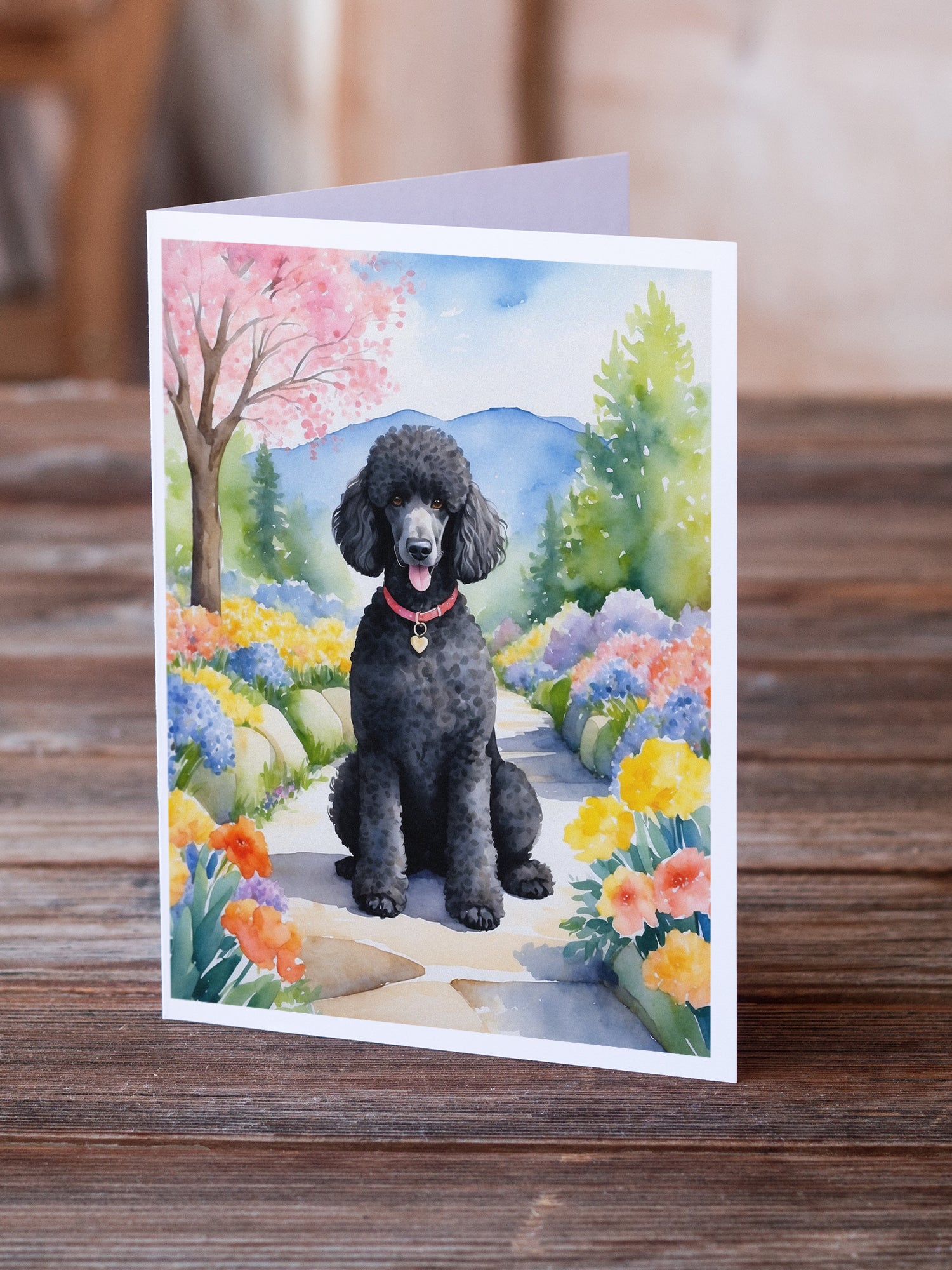 Black Poodle Spring Path Greeting Cards Pack of 8