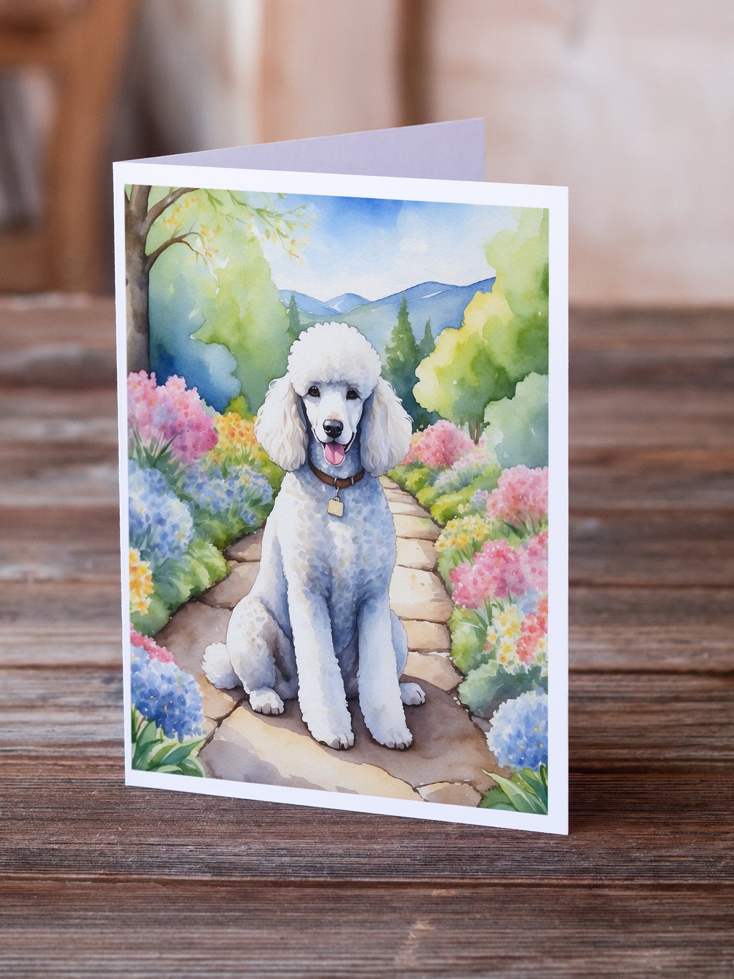 White Poodle Spring Path Greeting Cards Pack of 8