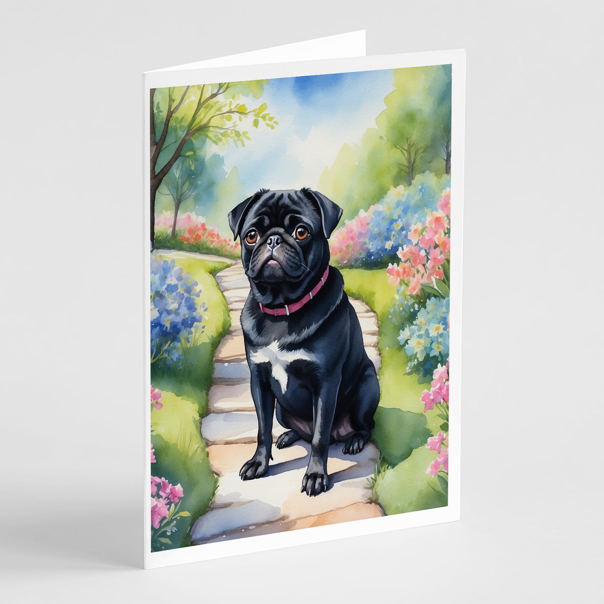 Buy this Black Pug Spring Path Greeting Cards Pack of 8