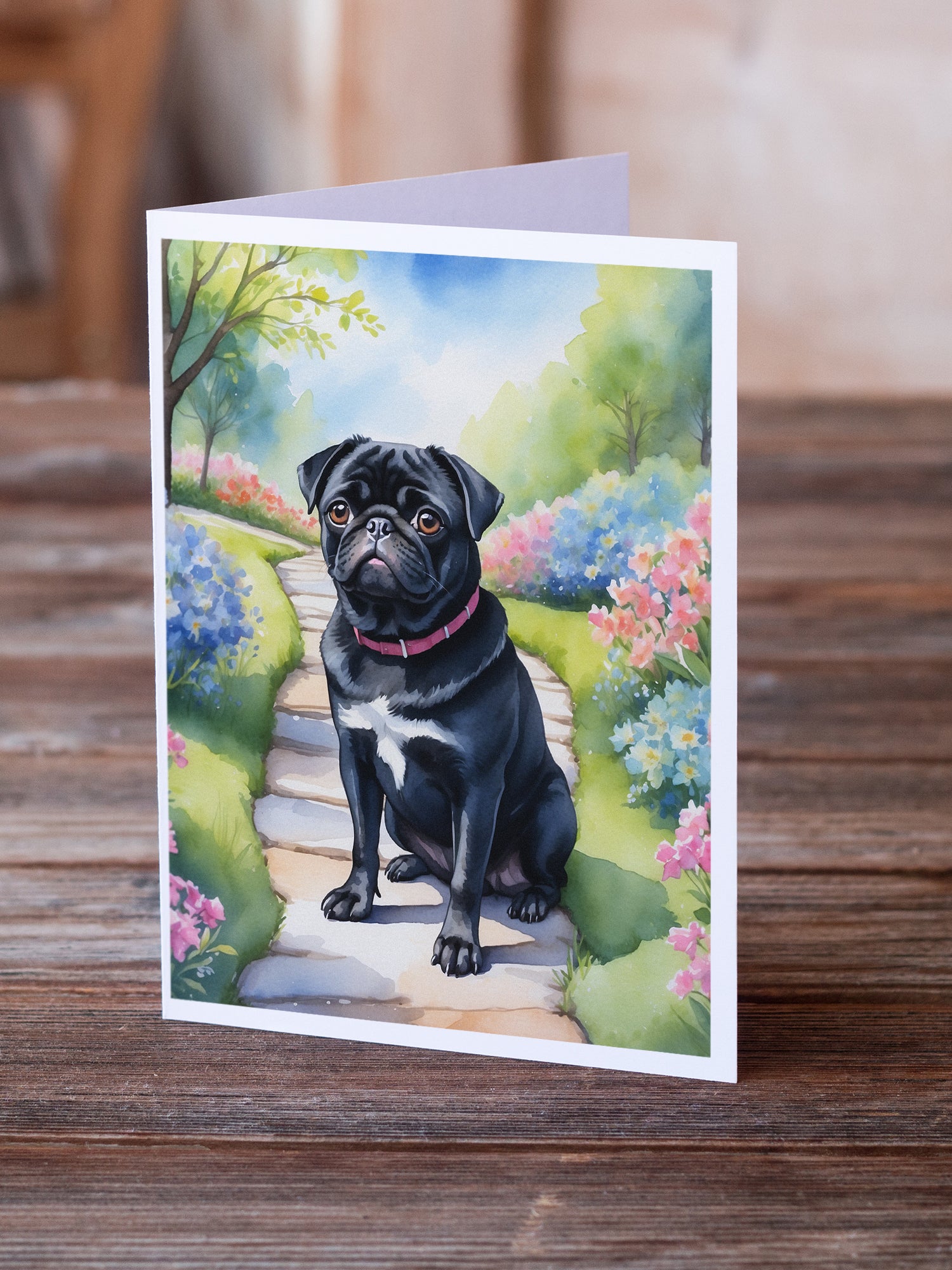 Black Pug Spring Path Greeting Cards Pack of 8