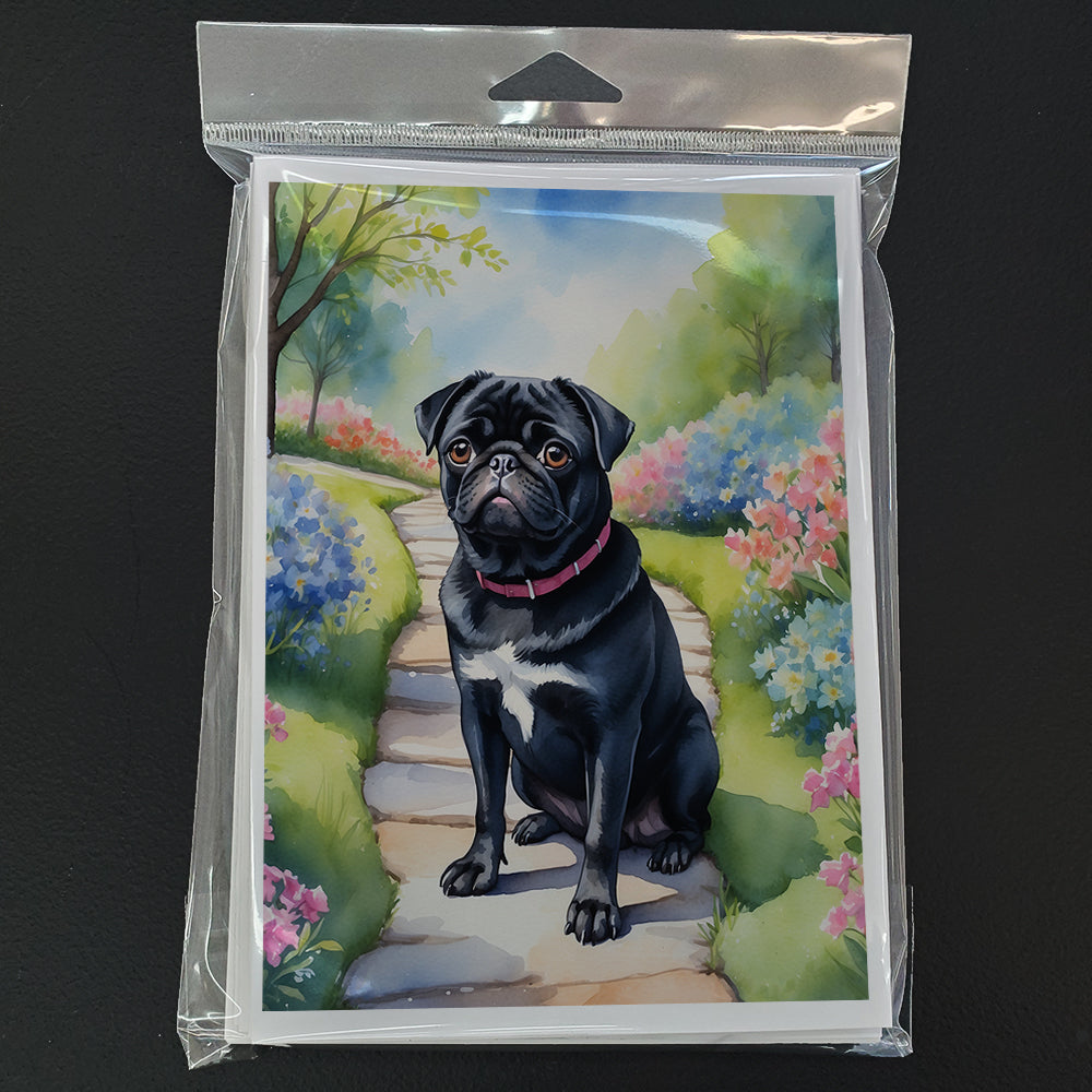 Black Pug Spring Path Greeting Cards Pack of 8