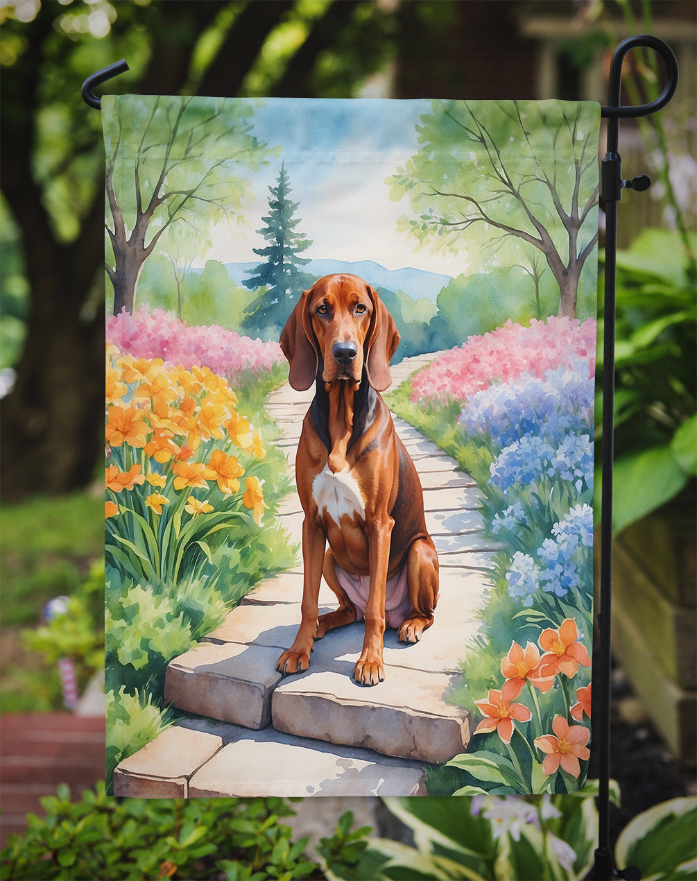Redbone Coonhound Spring Path Garden Flag