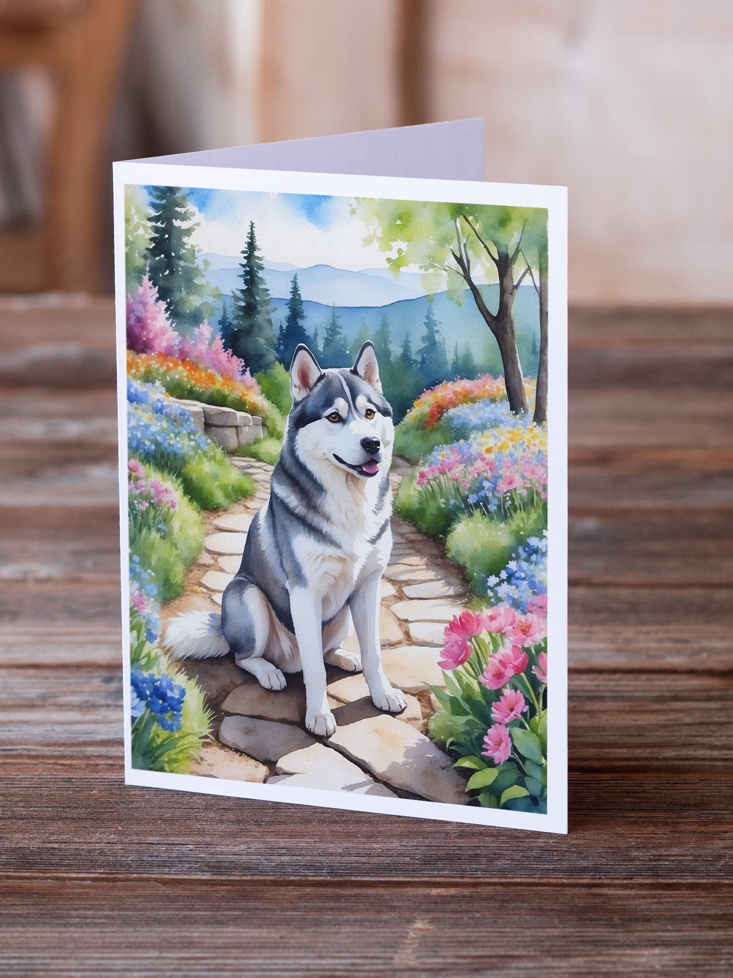 Siberian Husky Spring Path Greeting Cards Pack of 8