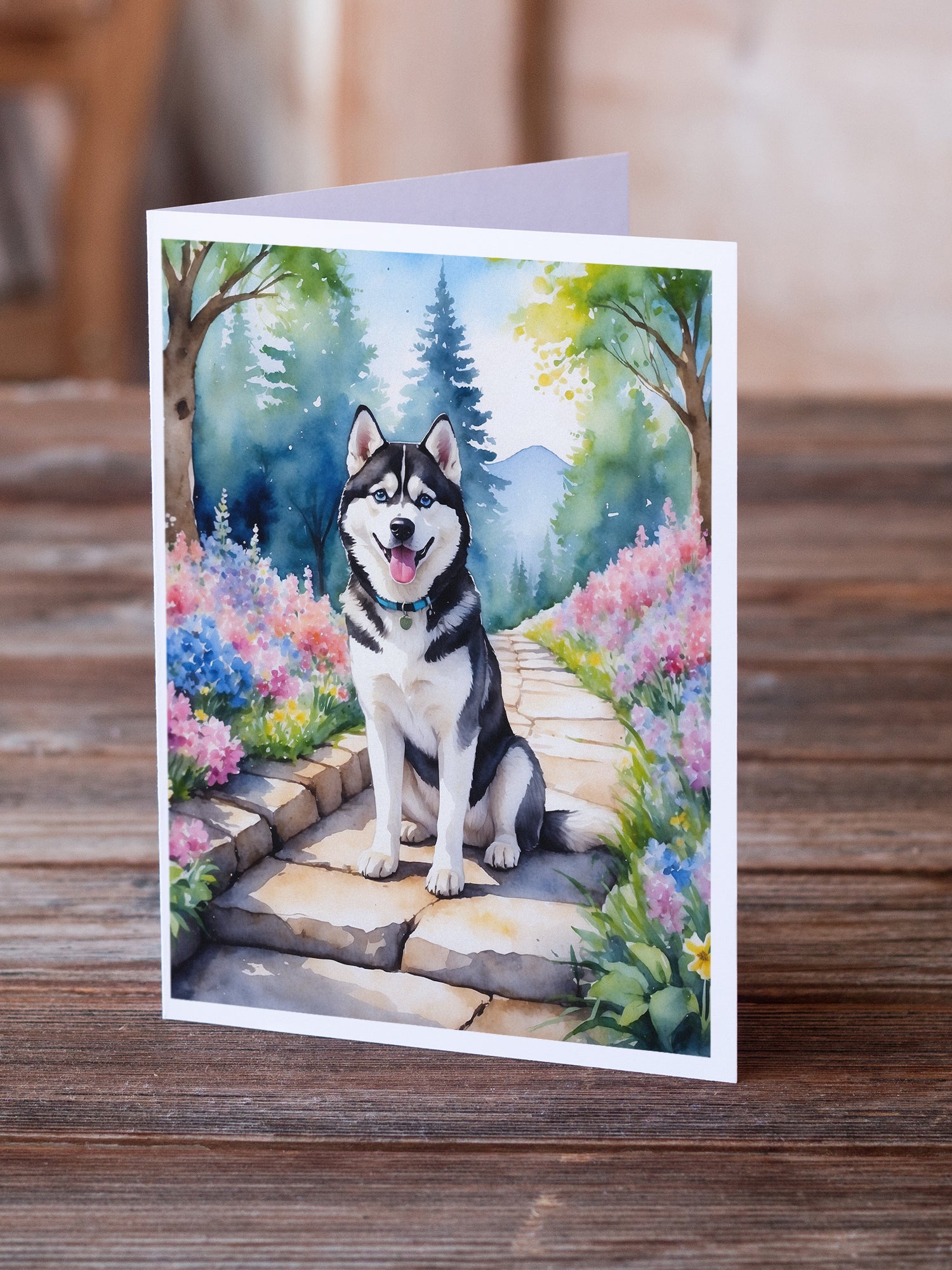 Siberian Husky Spring Path Greeting Cards Pack of 8