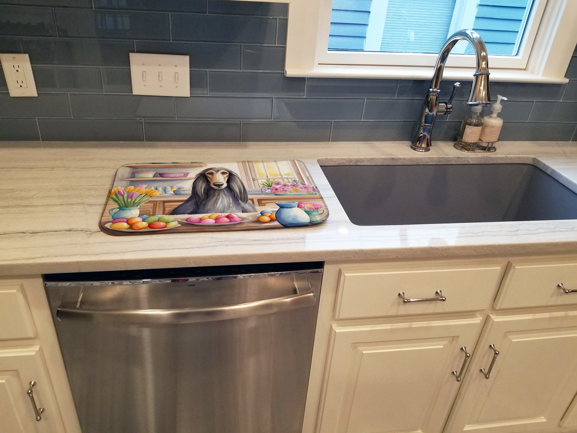 Decorating Easter Afghan Hound Dish Drying Mat