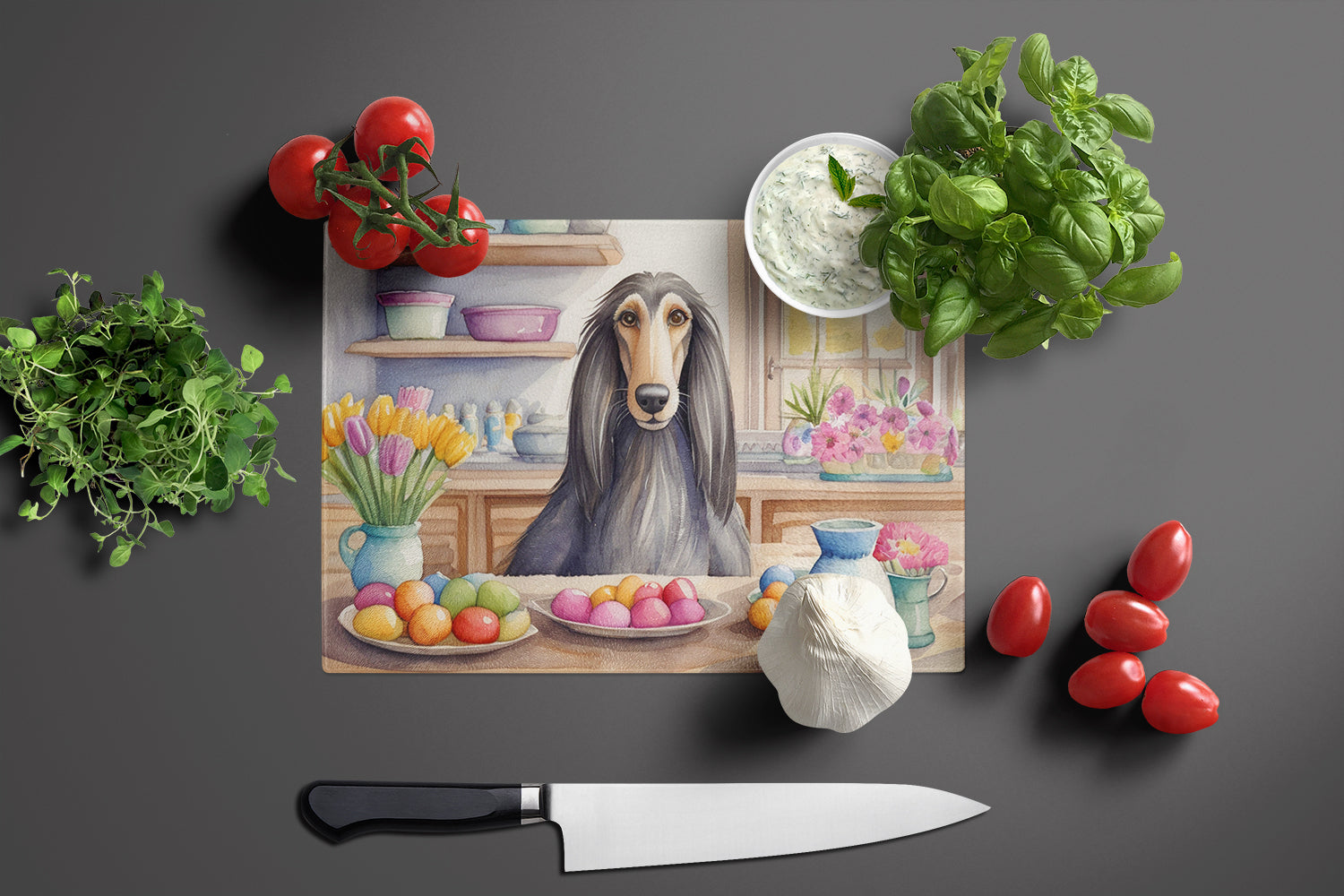 Decorating Easter Afghan Hound Glass Cutting Board