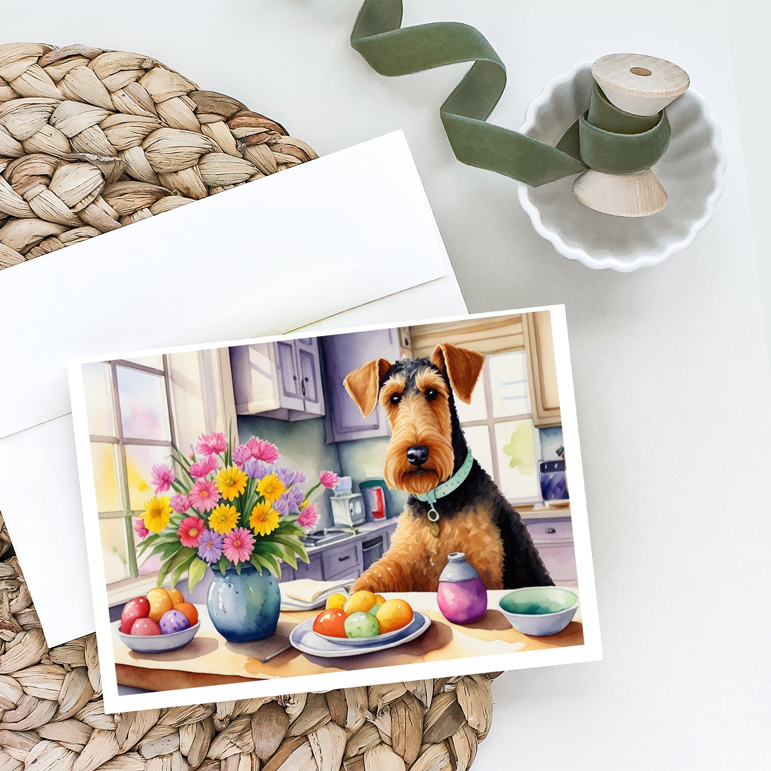 Decorating Easter Airedale Terrier Greeting Cards Pack of 8