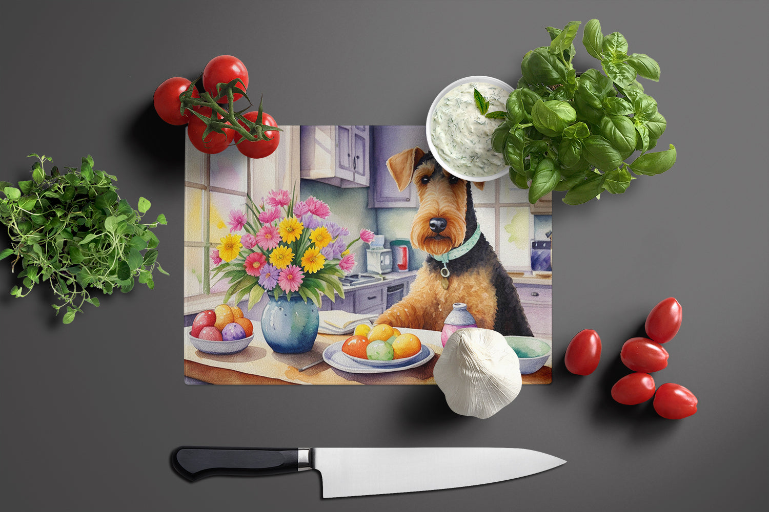 Decorating Easter Airedale Terrier Glass Cutting Board