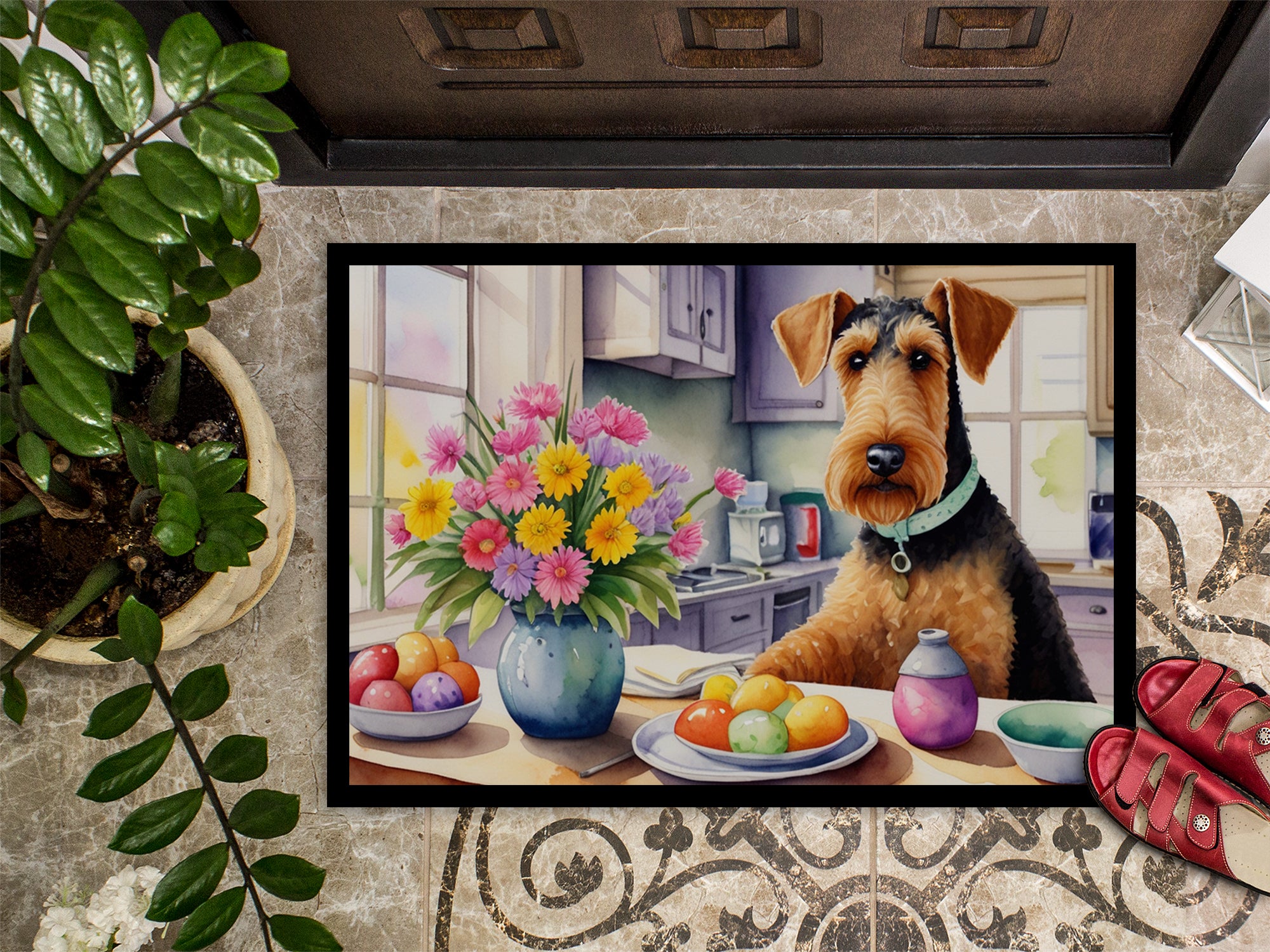 Decorating Easter Airedale Terrier Doormat