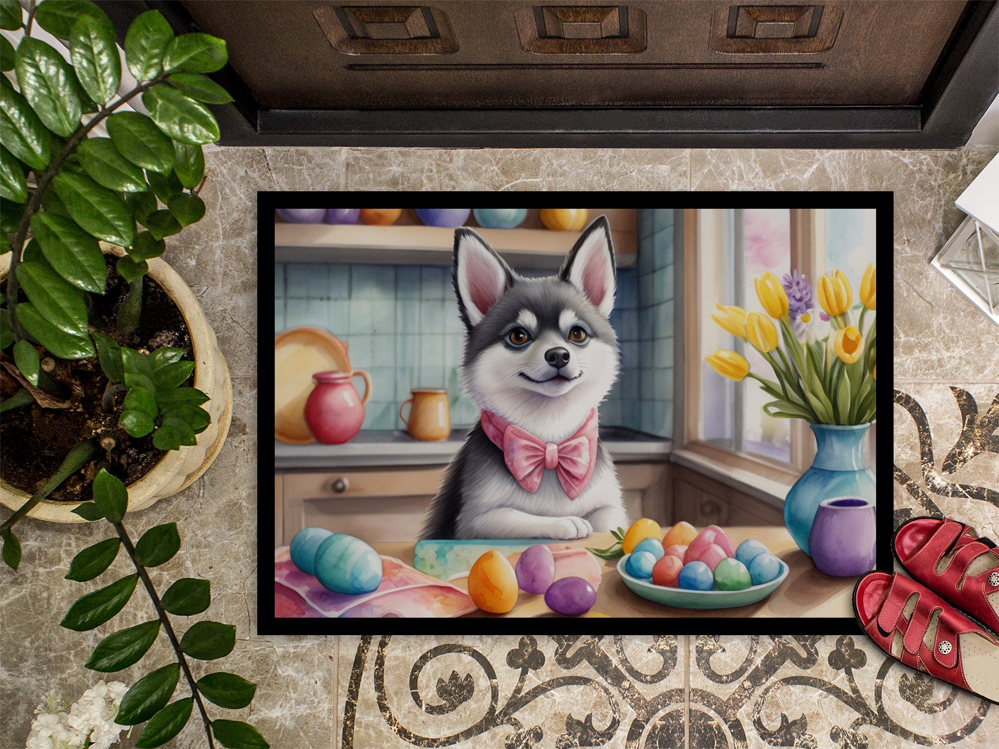 Decorating Easter Alaskan Klee Kai Doormat
