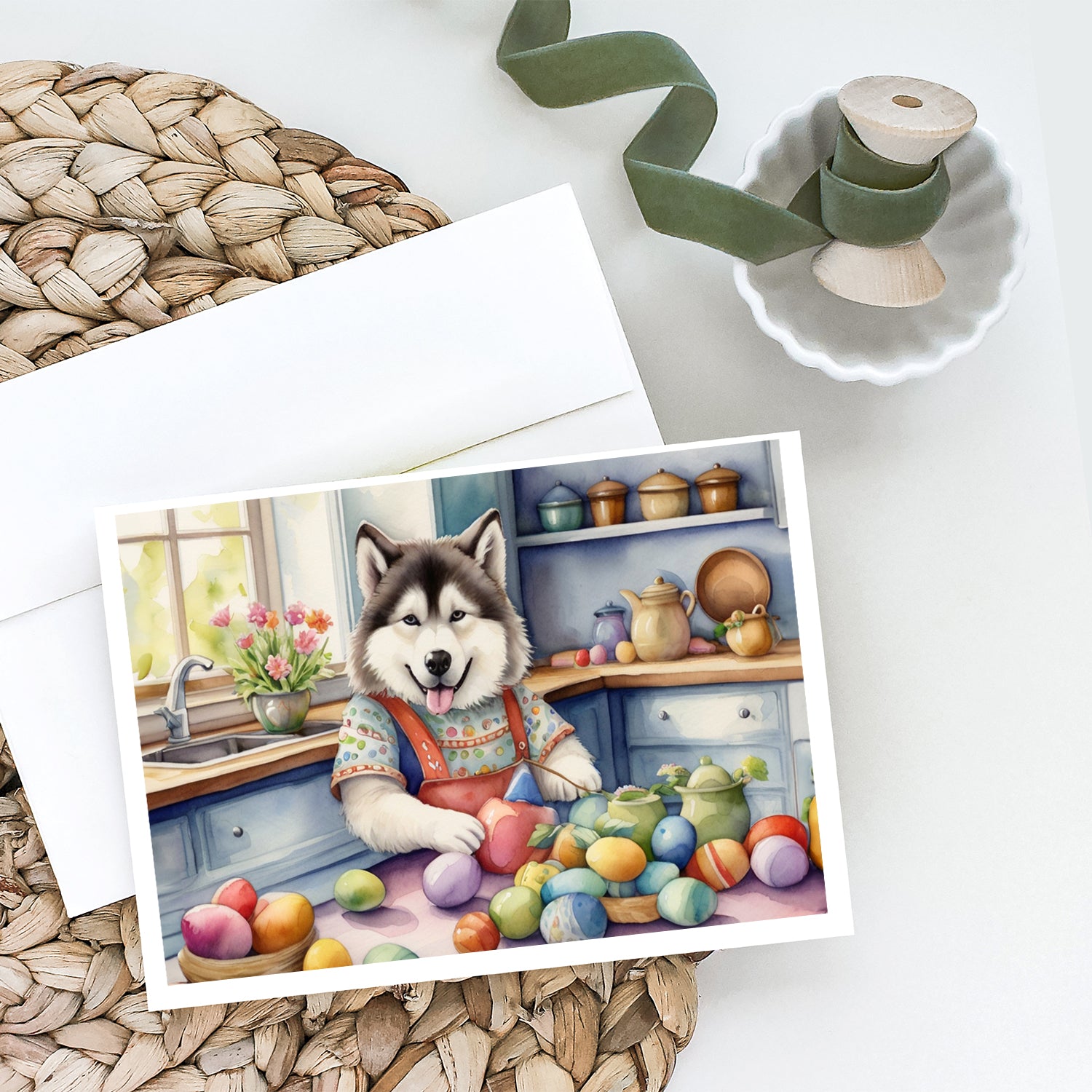 Buy this Decorating Easter Alaskan Malamute Greeting Cards Pack of 8