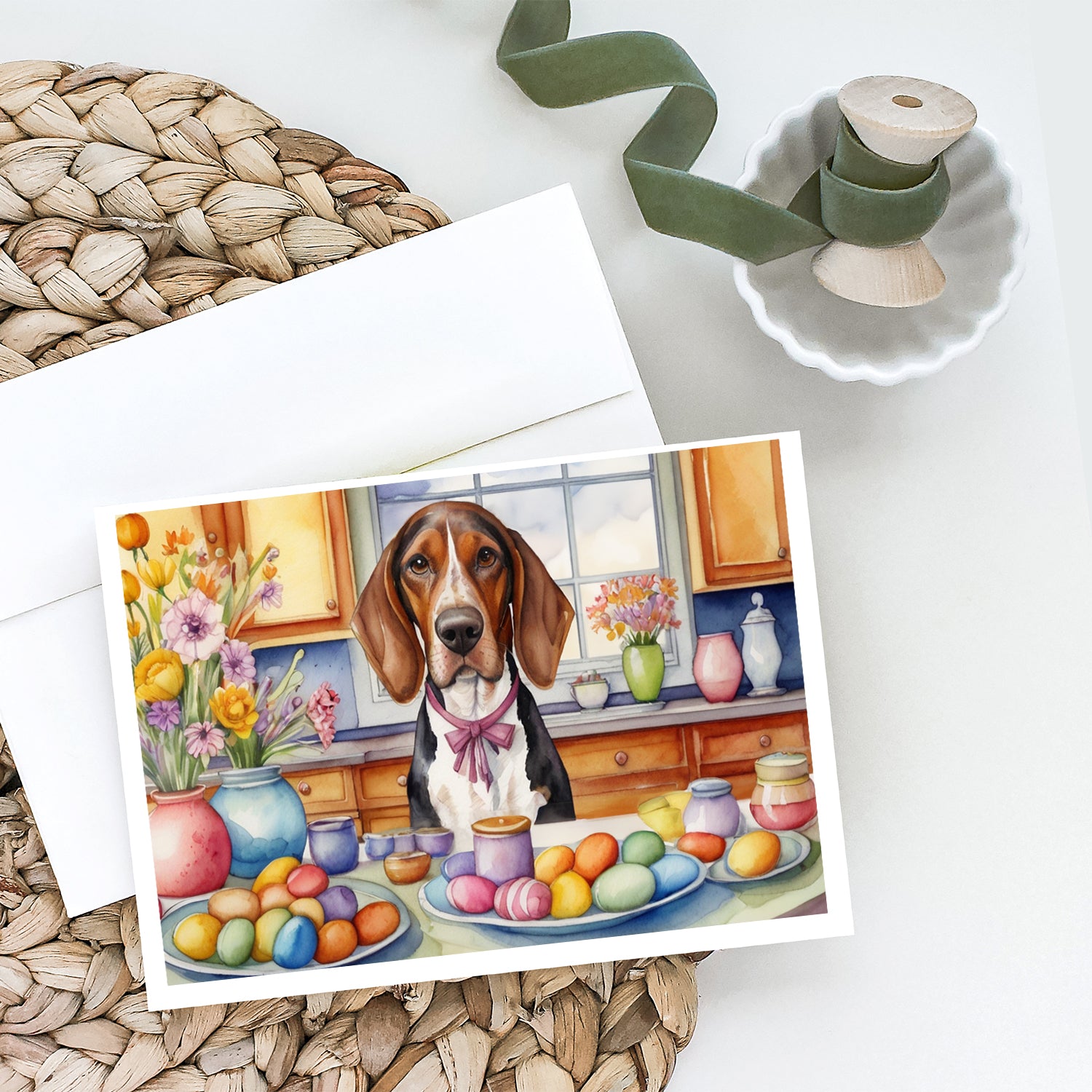 Buy this Decorating Easter American English Coonhound Greeting Cards Pack of 8