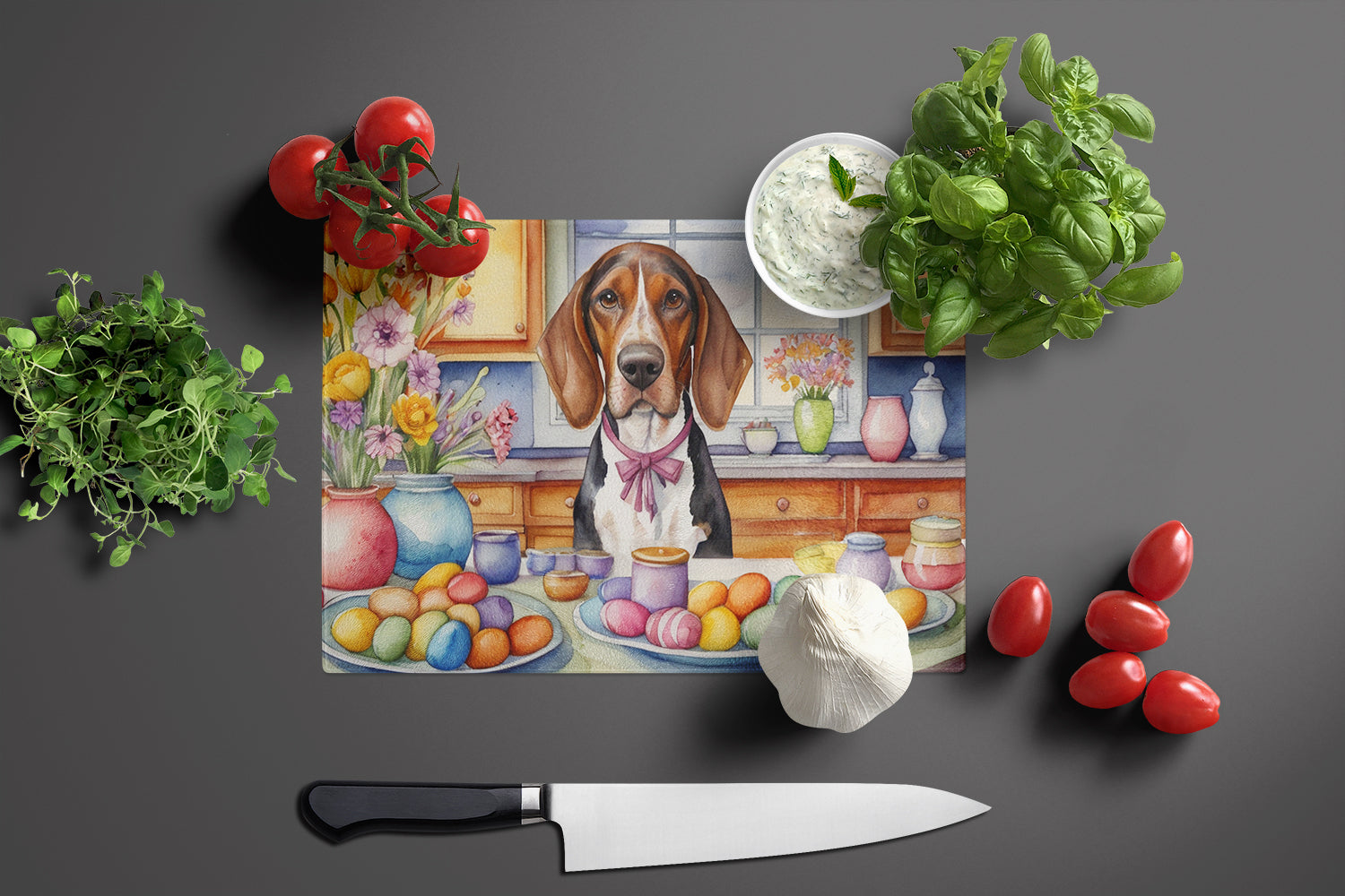 Decorating Easter American English Coonhound Glass Cutting Board