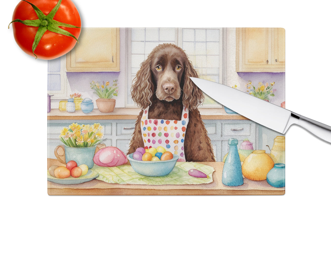 Decorating Easter American Water Spaniel Glass Cutting Board