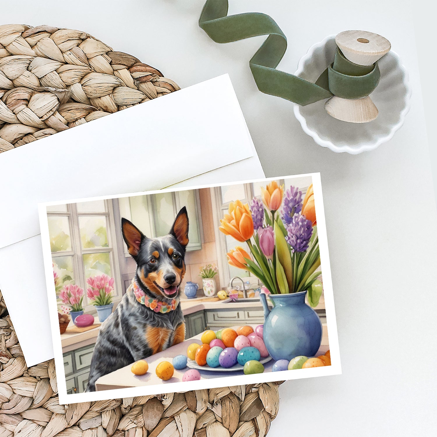 Decorating Easter Australian Cattle Dog Greeting Cards Pack of 8