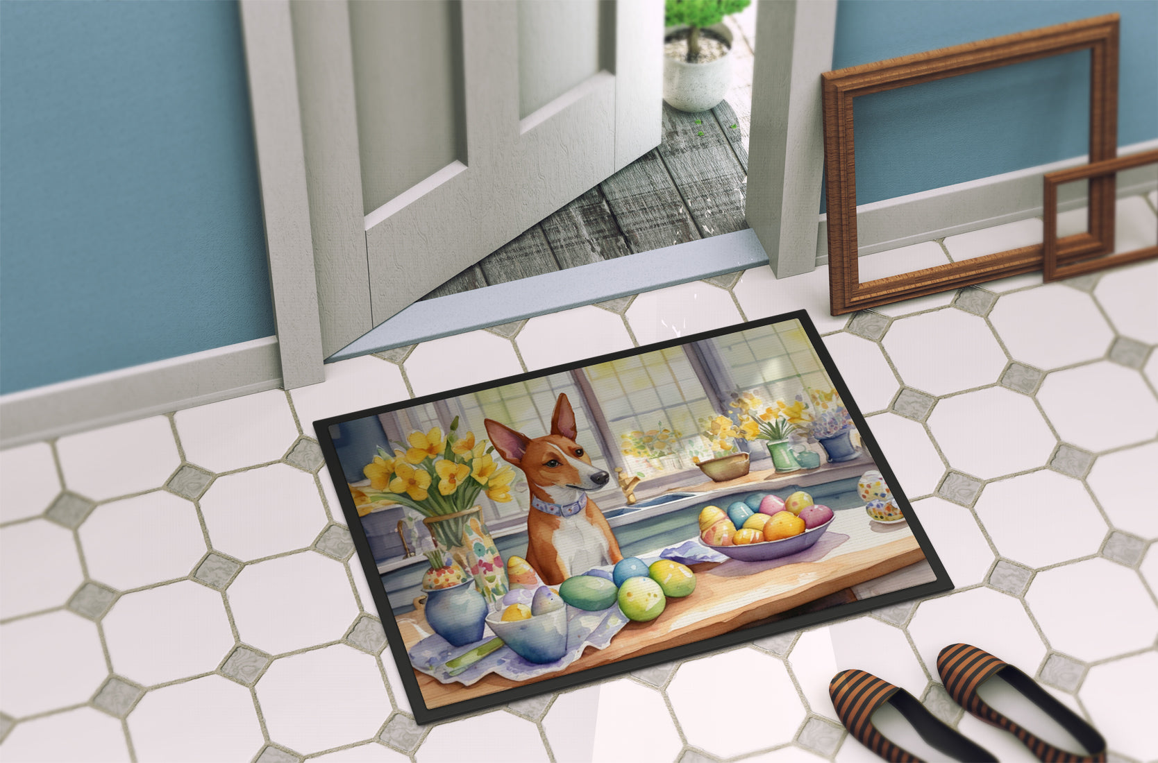 Decorating Easter Basenji Doormat