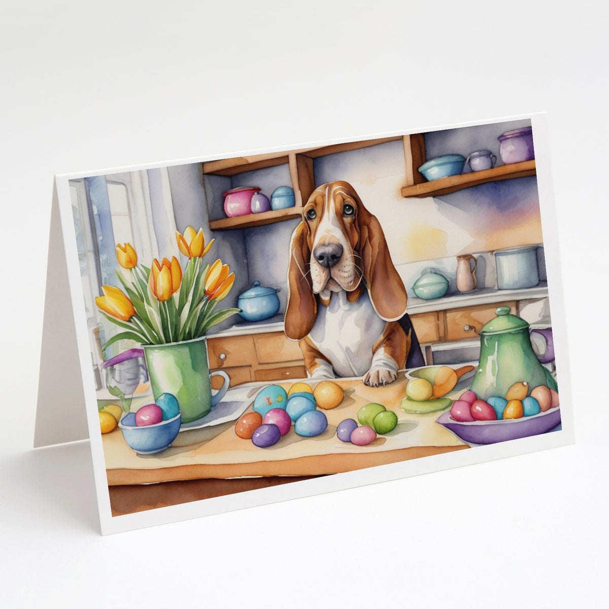 Buy this Decorating Easter Basset Hound Greeting Cards Pack of 8