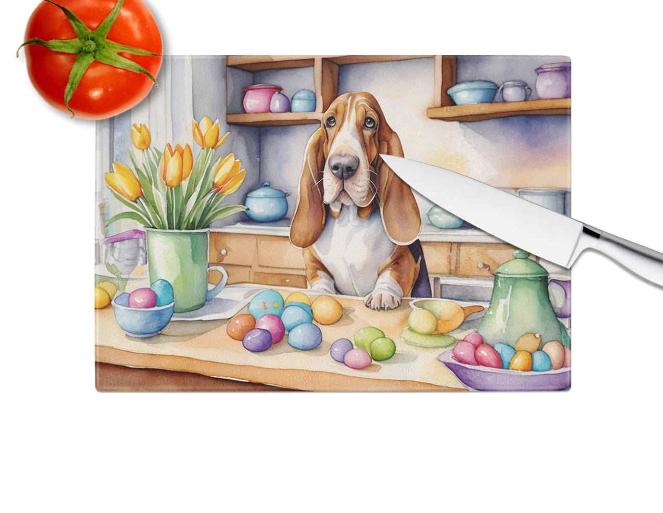 Decorating Easter Basset Hound Glass Cutting Board