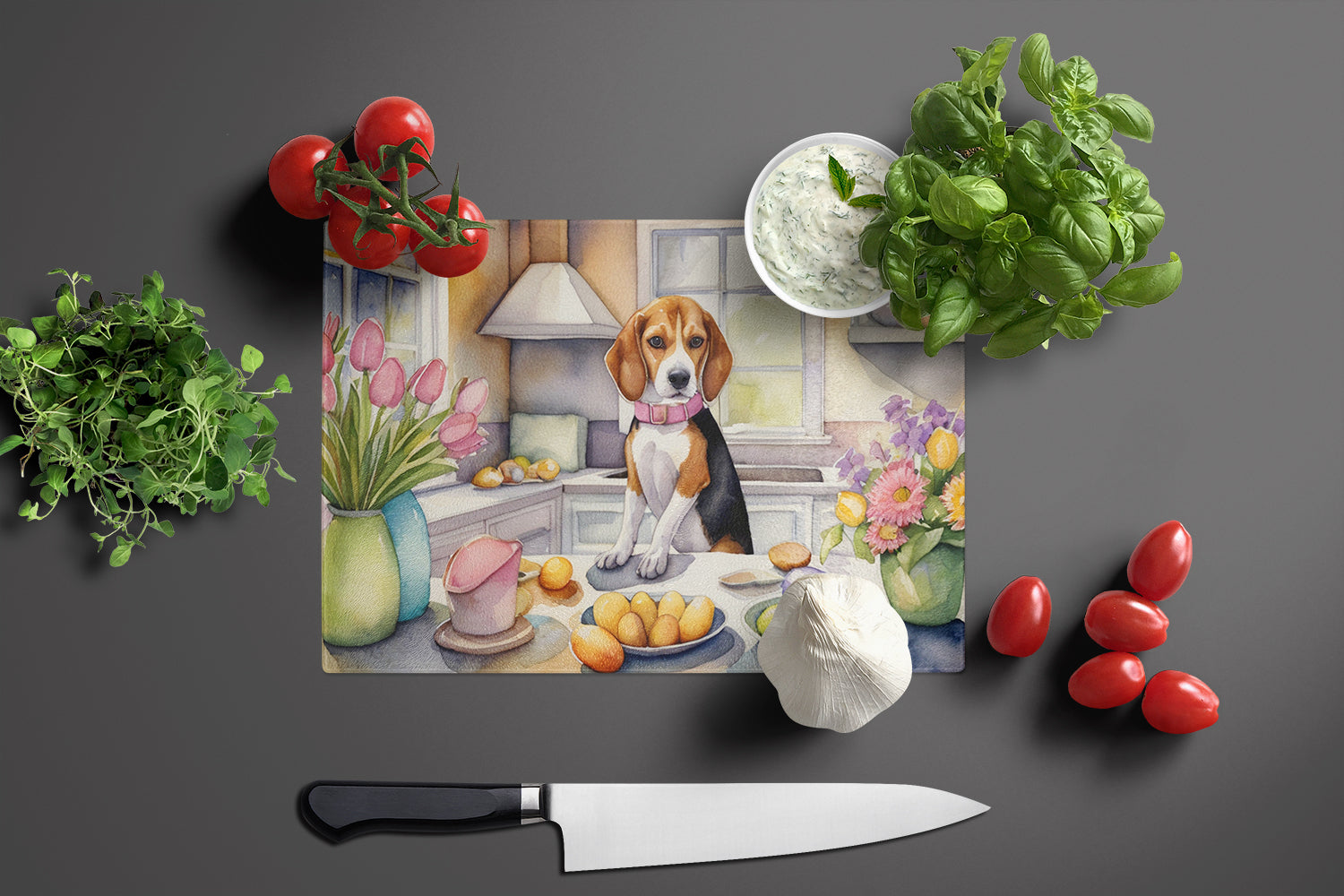 Decorating Easter Beagle Glass Cutting Board