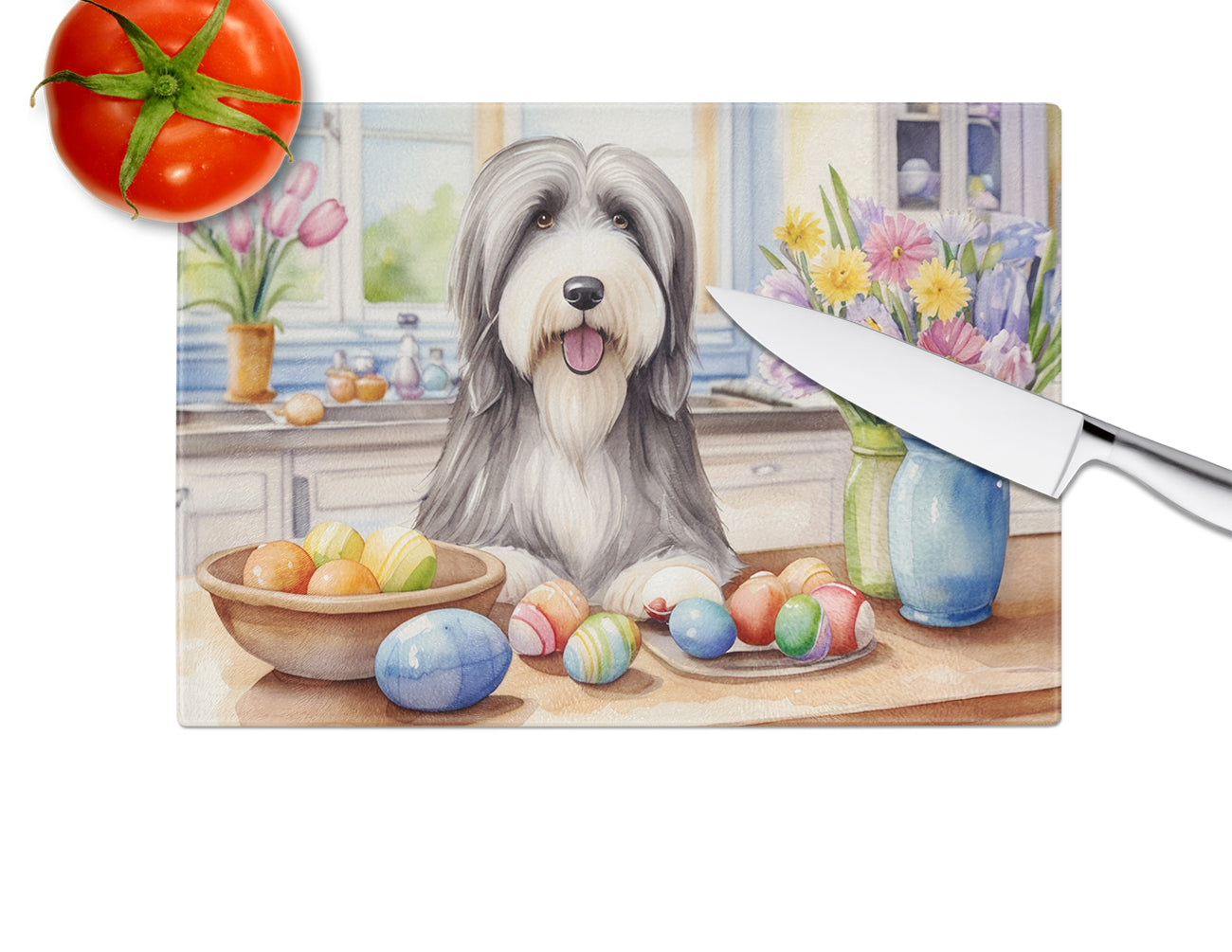 Decorating Easter Bearded Collie Glass Cutting Board